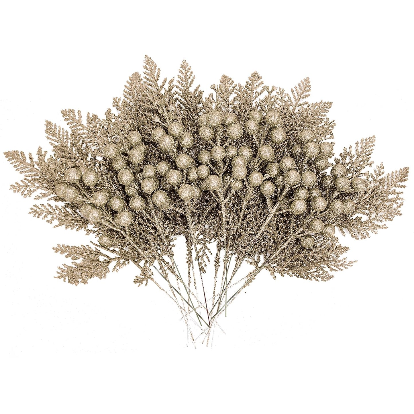 SPWOLFRT 24 Pieces Christmas Tree Decorations - 12pcs Artificial Glitter Berries Stems and 12pcs Glitter Cedar Leaves for Christmas Tree Decor Wreath Making Vase Filler DIY Crafts (Champagne)