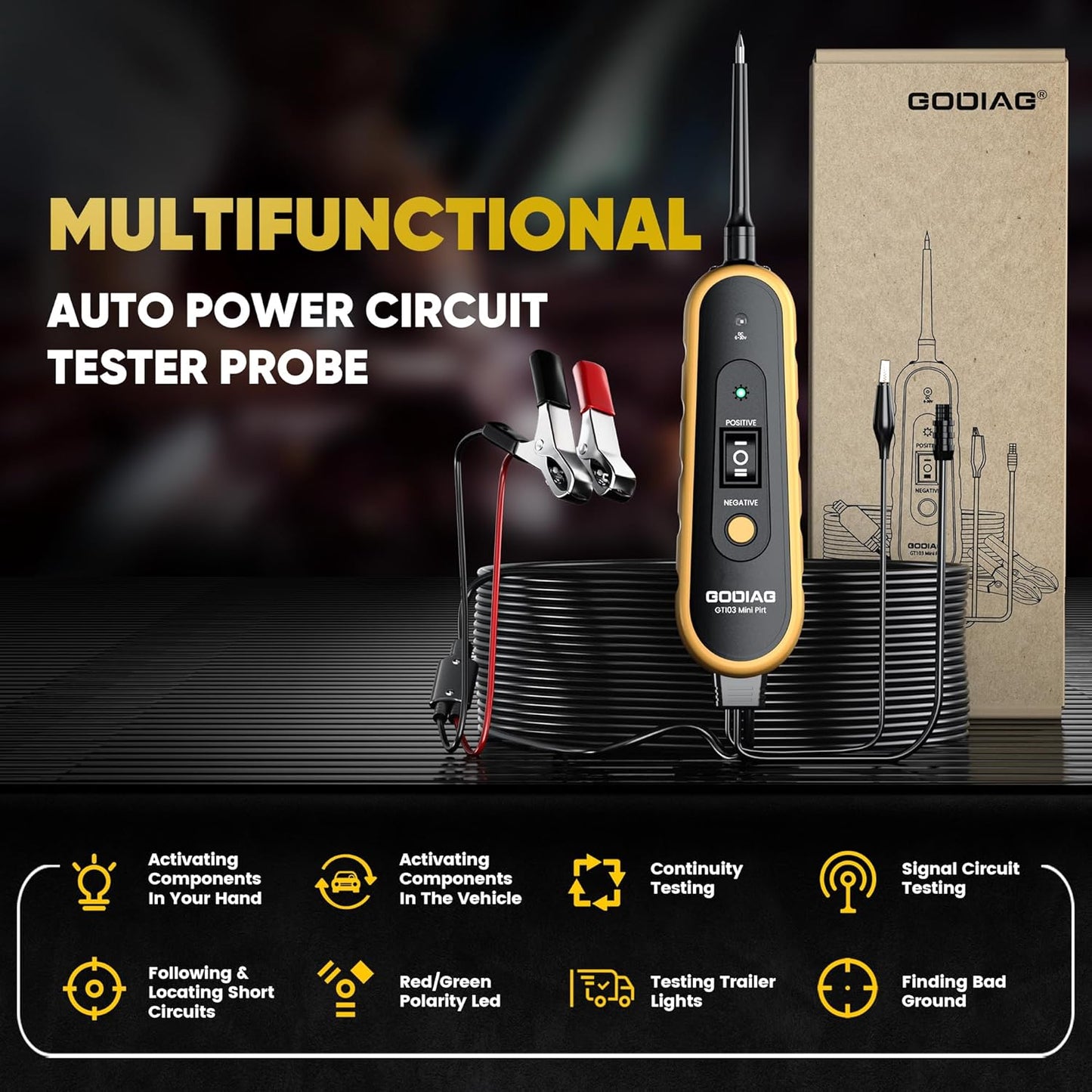 GODIAG Power Circuit Probe Tool, Auto Short Circuit Finder Relay Tester 6V-30V Component Activation Battery Tester Electrical Tool with LED Test Light, Polarity Buzzer Warning 20Ft Cable