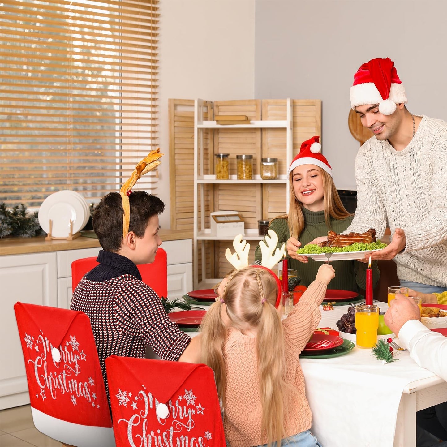 CreiYuan Christmas Chair Covers Set of 4 Santa Hat, Silver Glitter Print, High Resilience Pompon on Top, Size 25"x20", Christmas Decorations Indoor for Dining Room, Christmas Party Decorations