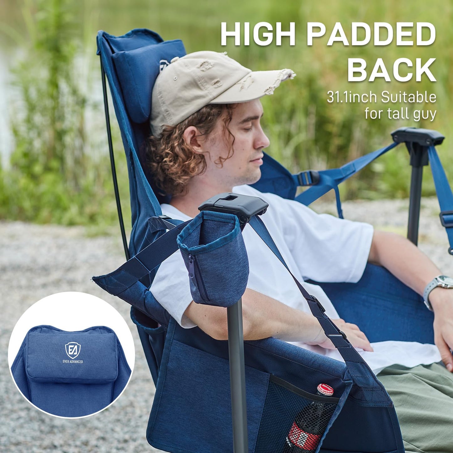 EVER ADVANCED Padded Hammock Camping Chair, Oversized Heavy Duty Swing Chair with Detachable Cup Holder, Portable Folding Rocking Camping Chair, Support Up to 400lbs, Blue