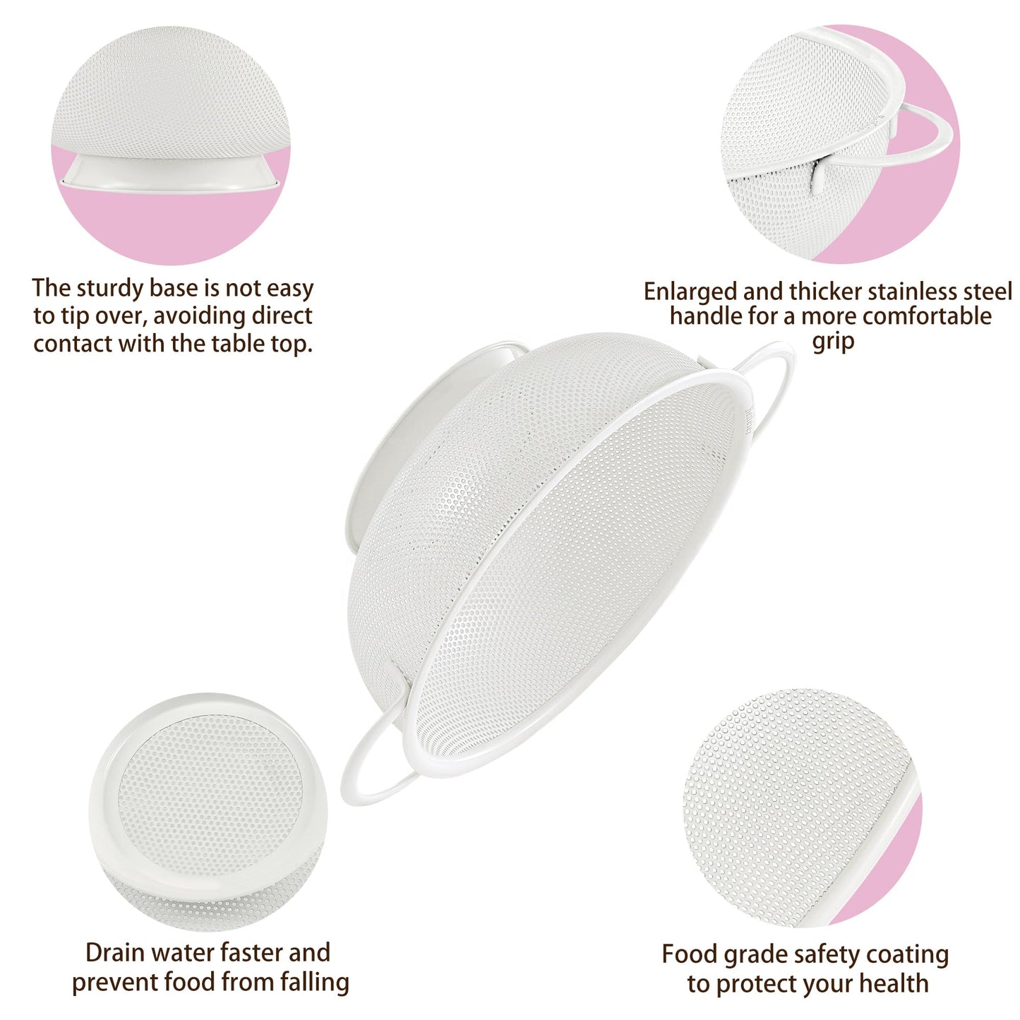 Stainless Steel Colander 3 Piece,Metal Strainer Basket with Solid Base and Handles for Kitchen Food,Pasta, Noodles, Vegetables and Fruits,Powder Coated,BPA Free,Dishwasher Safe,2 & 3 & 4.5 Qt (Cream)