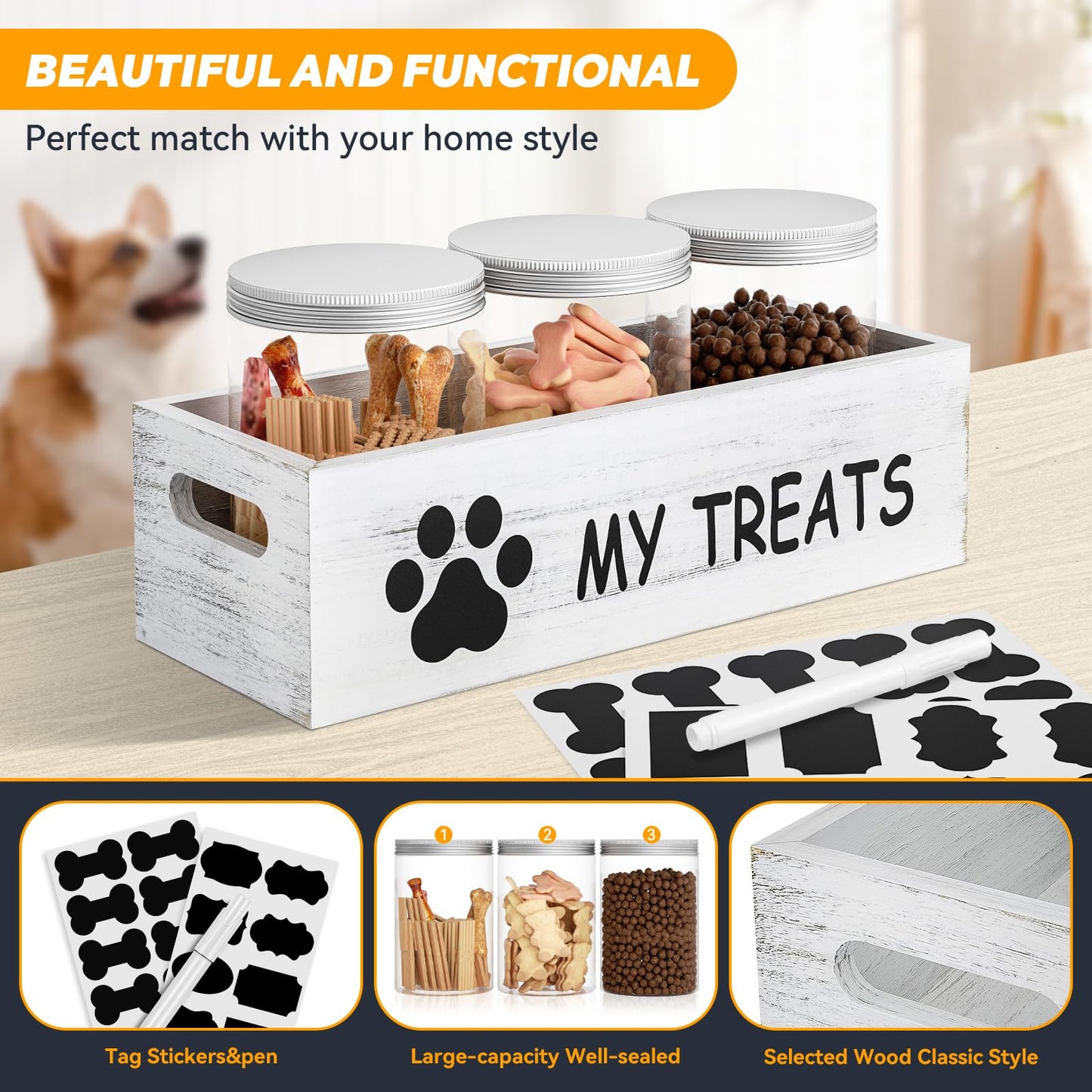 qeerable Dog Treat Container for Countertop - Dog Food Storage with 3 Jars - Pet Food Organizer For Puppy - Airtight White Wooden Dog Treat Storage With Lids - Great Gift for Pet Dog Owners