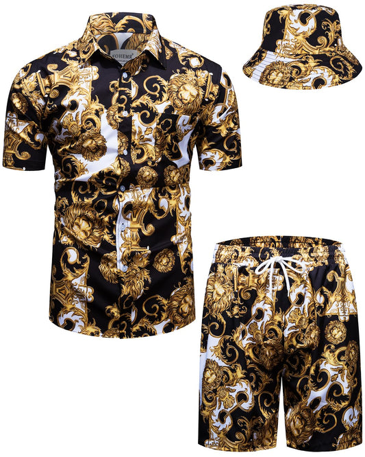 fohemr Mens Luxury Outfit Set Black Gold Shirts And Shorts 2 Piece Tracksuit Set Baroque Button Down Chain Print Suit with Bucket Hats 4X-Large