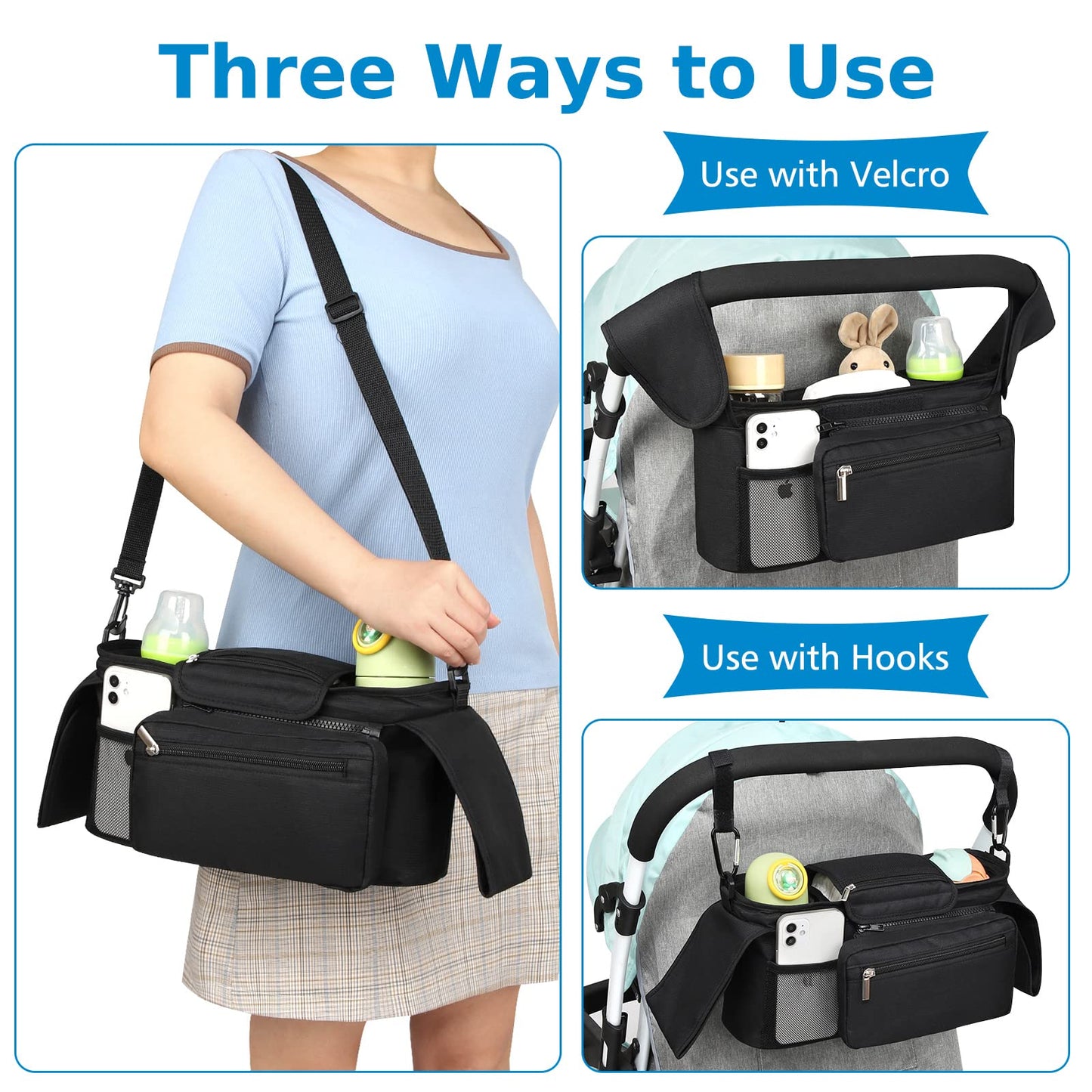 Accmor Universal Stroller Organizer with Insulated Cup Holder Detachable Phone Bag and Shoulder Strap,Stroller Bag Caddy Organizer Accessories Fits for Uppababy, Baby Jogger, Britax Strollers
