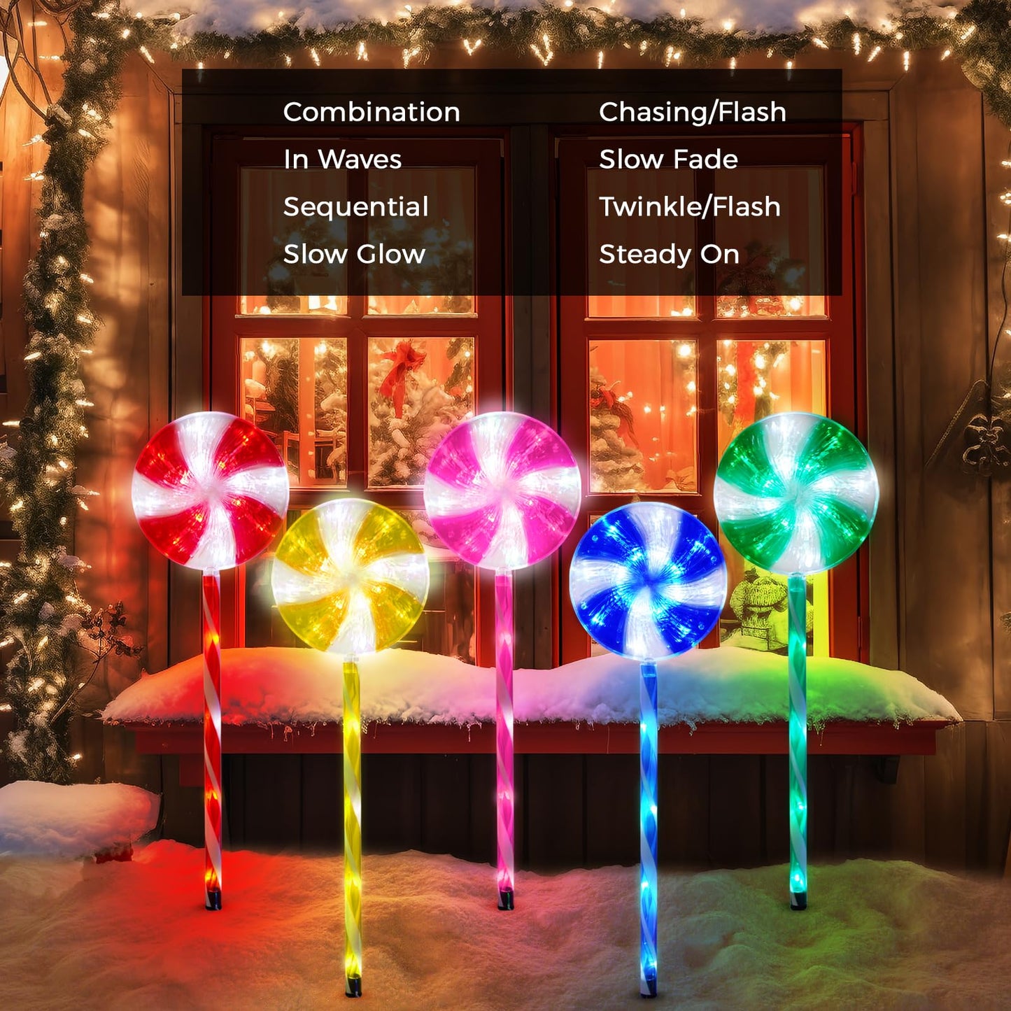 Outdoor Christmas Decorations Solar Pathway Lights, Set of 5 Lollipops Peppermint Stake Lights, 8 Modes Candy Cane Walkside Lights, Outdoor Xmas Decoration for Walkway,Yard