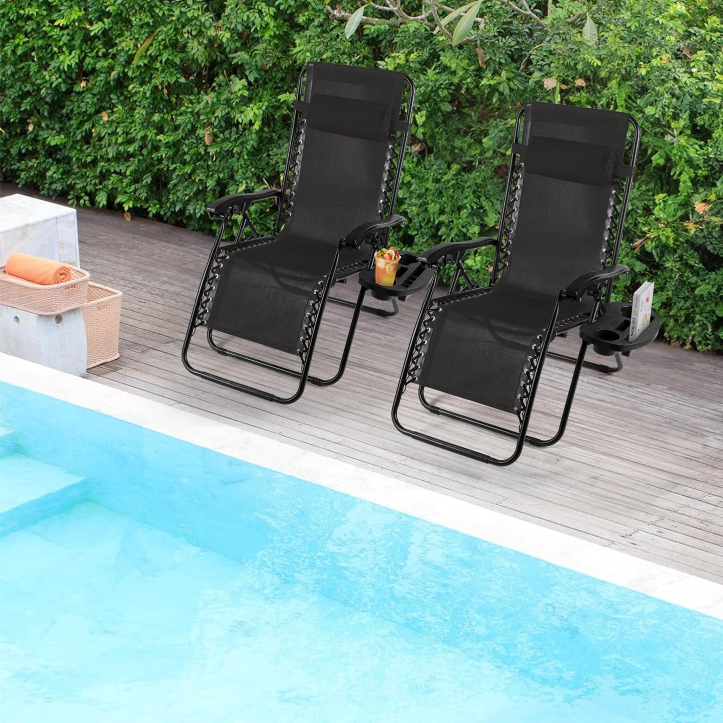 TLSUNNY Zero Gravity Chair Set of 2, Outdoor Folding Lounge W/Detachable Headrest & Holder Tray, Adjustable Textilene Lawn Reclining, No Assembly Required, for Patio, Garden, 330LBS (1, Black)