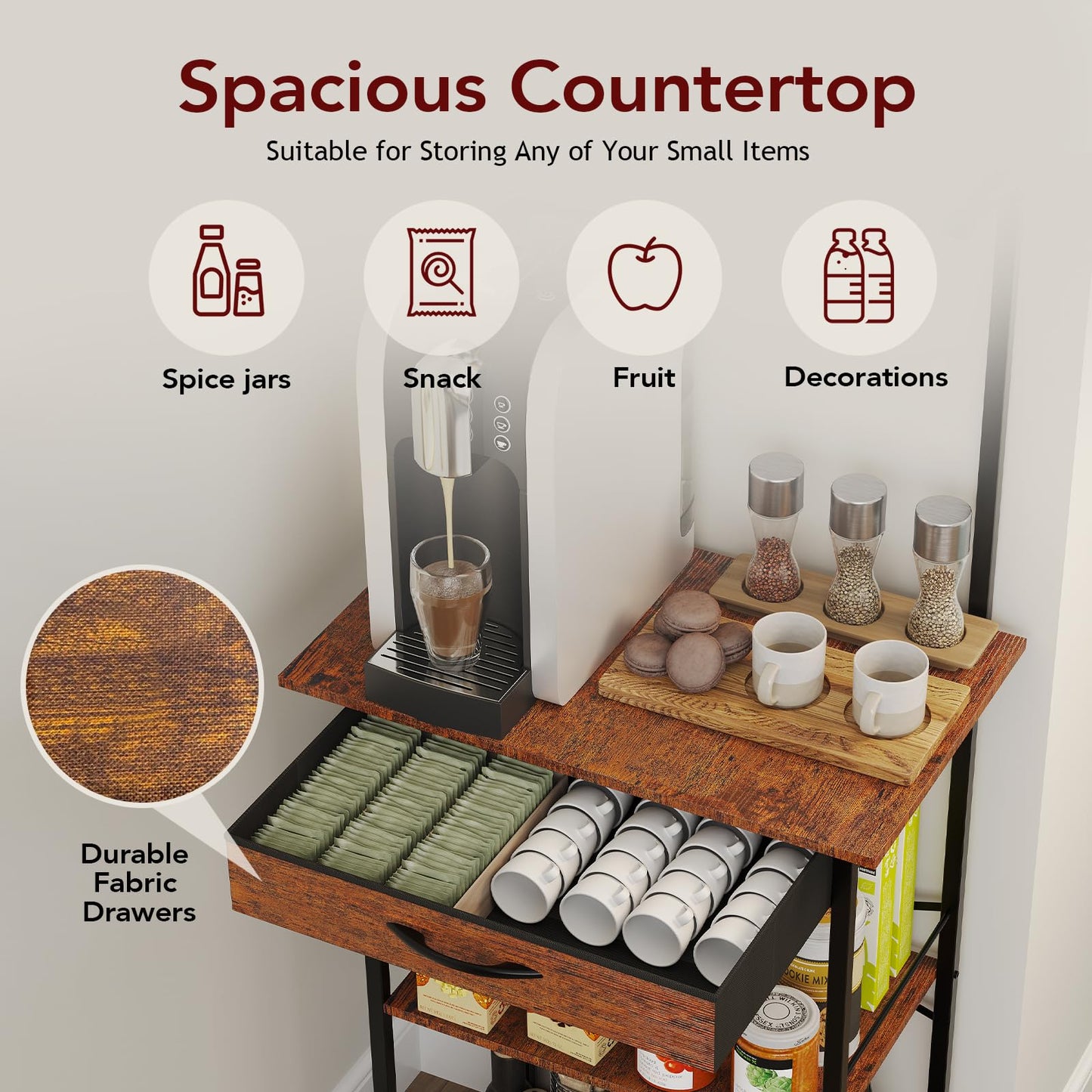 Homsorout Coffee Bar Station - Bakers Rack with Fabric Drawer, Microwave Oven Storage Stand, Bakers Rack for Coffee Stand Station, Home Kitchen Organizer, Brown