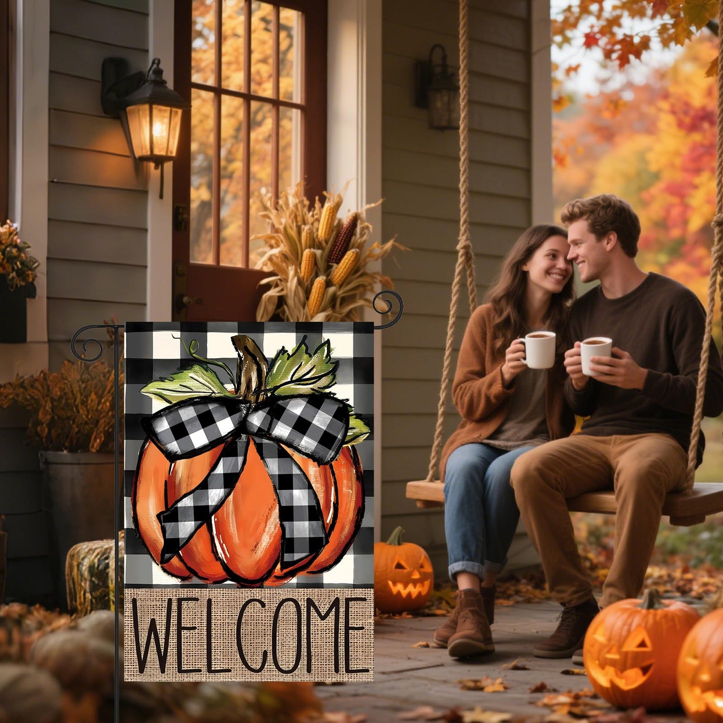 CJYGEGE Fall Pumpkin Welcome Fall Garden Flag for Outside 12x18 Inch, Double Sided Buffalo Plaid Autumn Garden Flags - Thanksgiving Harvest Decoration Burlap Yard Flag for Outdoor Holiday Festivities