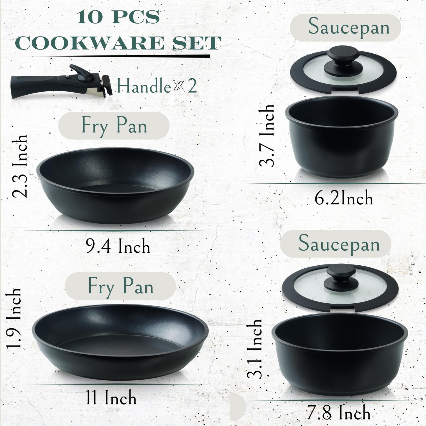 Moss & Stone 10pcs Black Pots and Pans Set Non Stick, Cookware Sets Detachable Handle, RV Kitchen Set Removable Handle, Oven Safe, Induction Ready, Stackable Non-stick Set, Camping Cookware Set