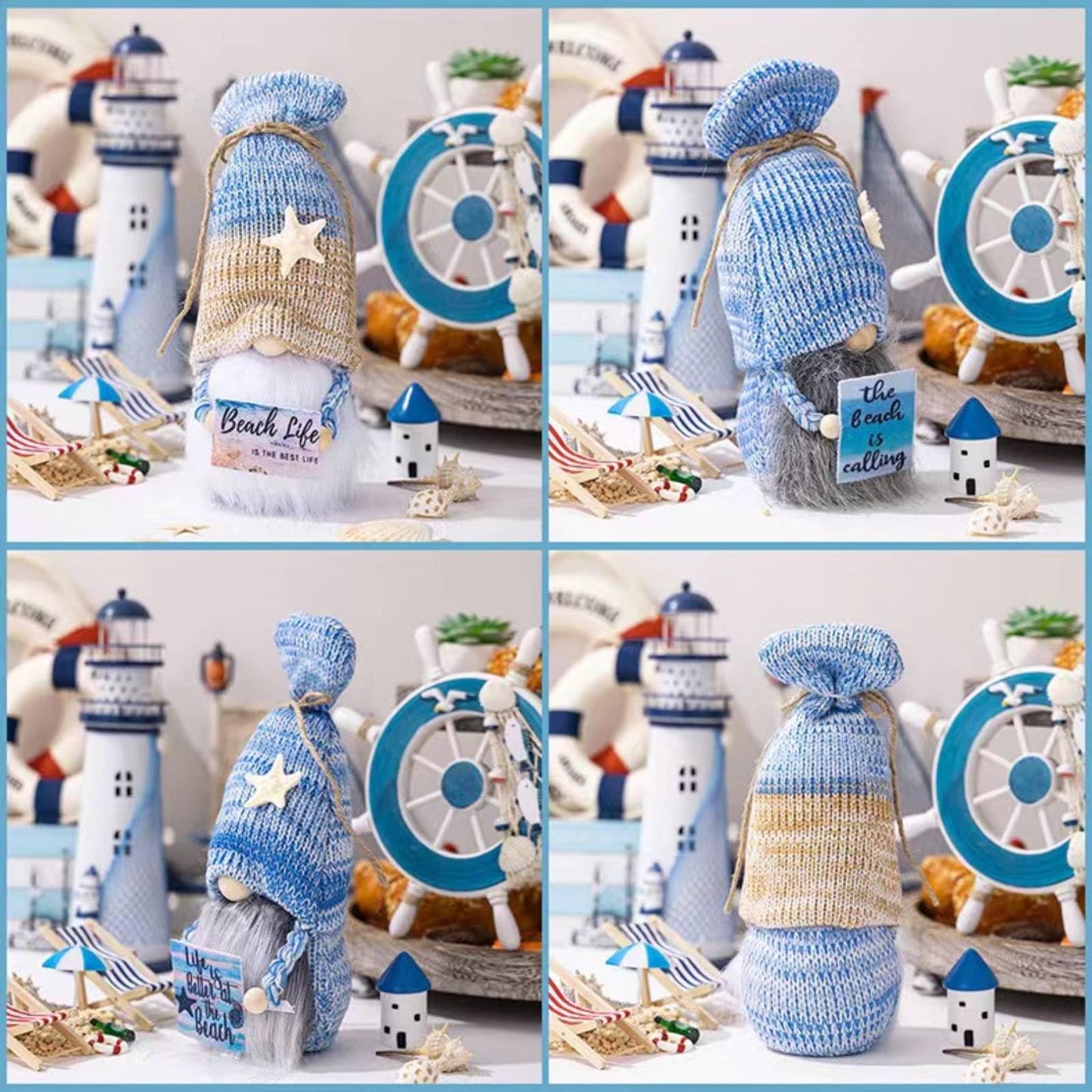 ALYRMEI Beach Birthday Gnome Plush - Summer Gnomes Decorations for Home,Cute Ocean Gnome Figurine Stuffed Gnomes Gifts for Women, Tiered Tray Decor, Beach Party Birthday Decor（Blue Beach）