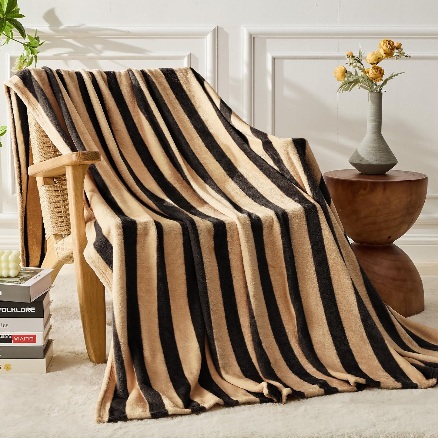FY FIBER HOUSE Striped Flannel Throw Blanket - Soft Cozy Striped Blanket for Couch, Sofa, or Bed - 50"x60", Black Brown, All Season Use