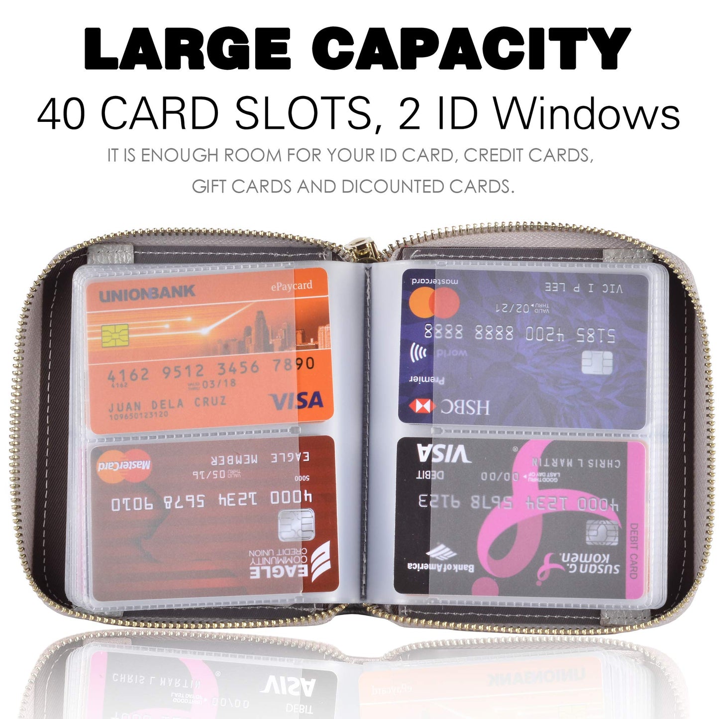 Easyoulife Womens Credit Card Holder Wallet Zip Leather Card Case RFID Blocking (Silver)