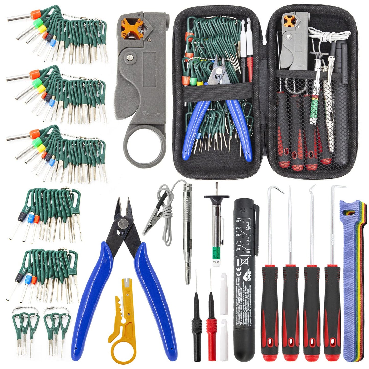 115Pcs Auto Terminal Removal Tool Kit, Wire Connector Release Extractor Pin, Electrical Cutter Pliers Stripper, Pick Hook Set, Brake Fluid Tester, Car Light Circuit Tester, with Cable Ties