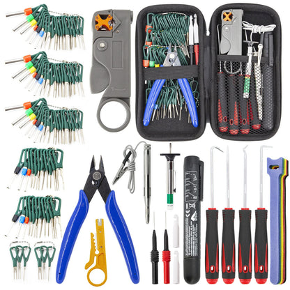 115Pcs Auto Terminal Removal Tool Kit, Wire Connector Release Extractor Pin, Electrical Cutter Pliers Stripper, Pick Hook Set, Brake Fluid Tester, Car Light Circuit Tester, with Cable Ties