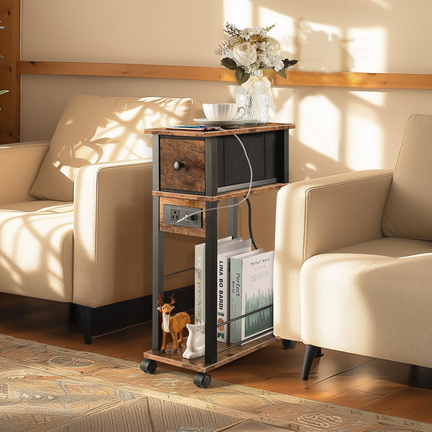 DGSANDGO Side Table with Charging Station and Drawer, Narrow End Table with USB Ports and Outlets for Small Space, Living Room, Bedroom and Office, with 4 Wheels (1, Rustic Brown + Black)