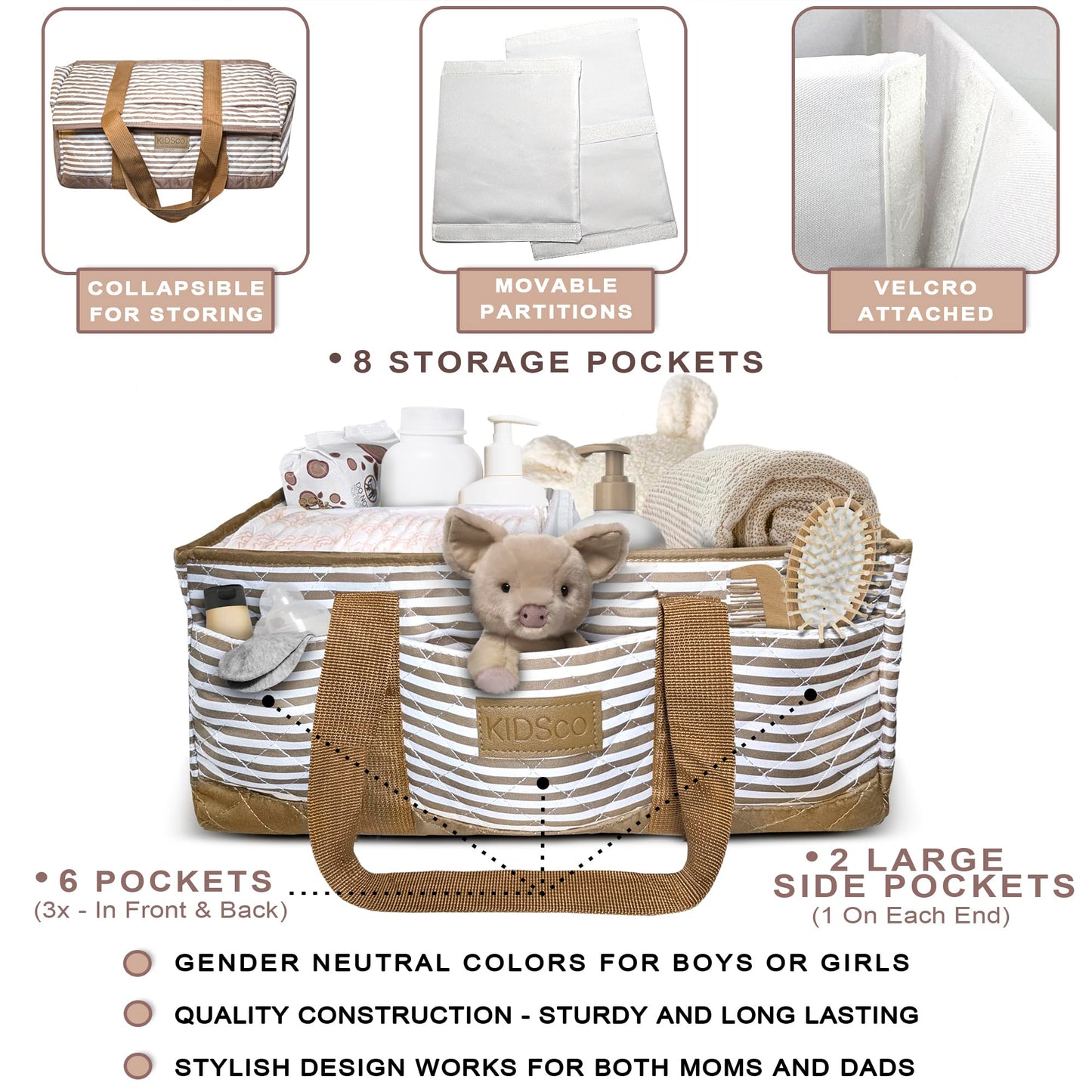 KIDSco. Baby Diaper Caddy. Portable Storage for Diapers, Wipes and Changing Table Essentials. A Nursery and Travel Must Have.