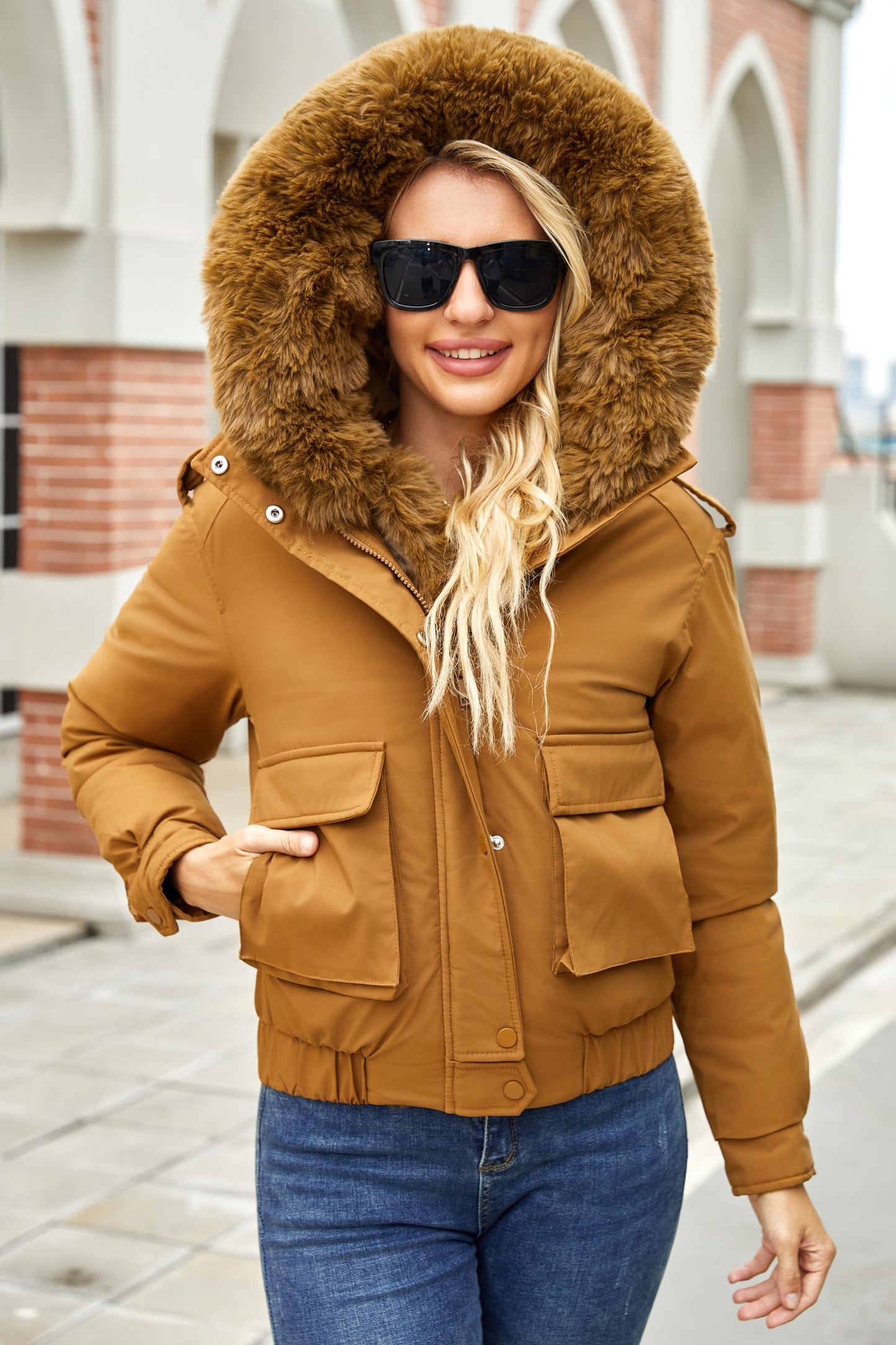 MODERN BUBBLE Women's Thickened Down Jacket with Detachable Fur Hood Winter Warm Parka Puffer Down Coat (US, Alpha, Small, Regular, Regular, Coffee)