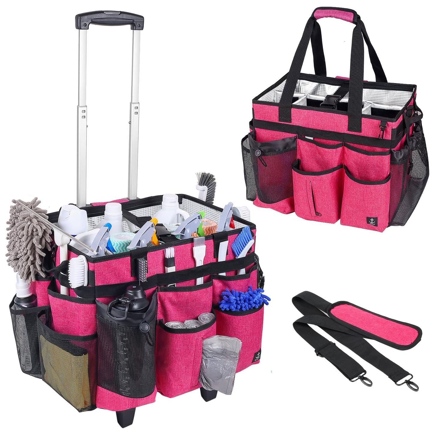 Timoxi Extra Large Rolling Cleaning Caddy Bag with Detachable, Foldable Trolley Portable Cleaning Cart for Housekeeping Cleaning Caddy with Adjustable Shoulder Strap and Multiple Storage Pockets