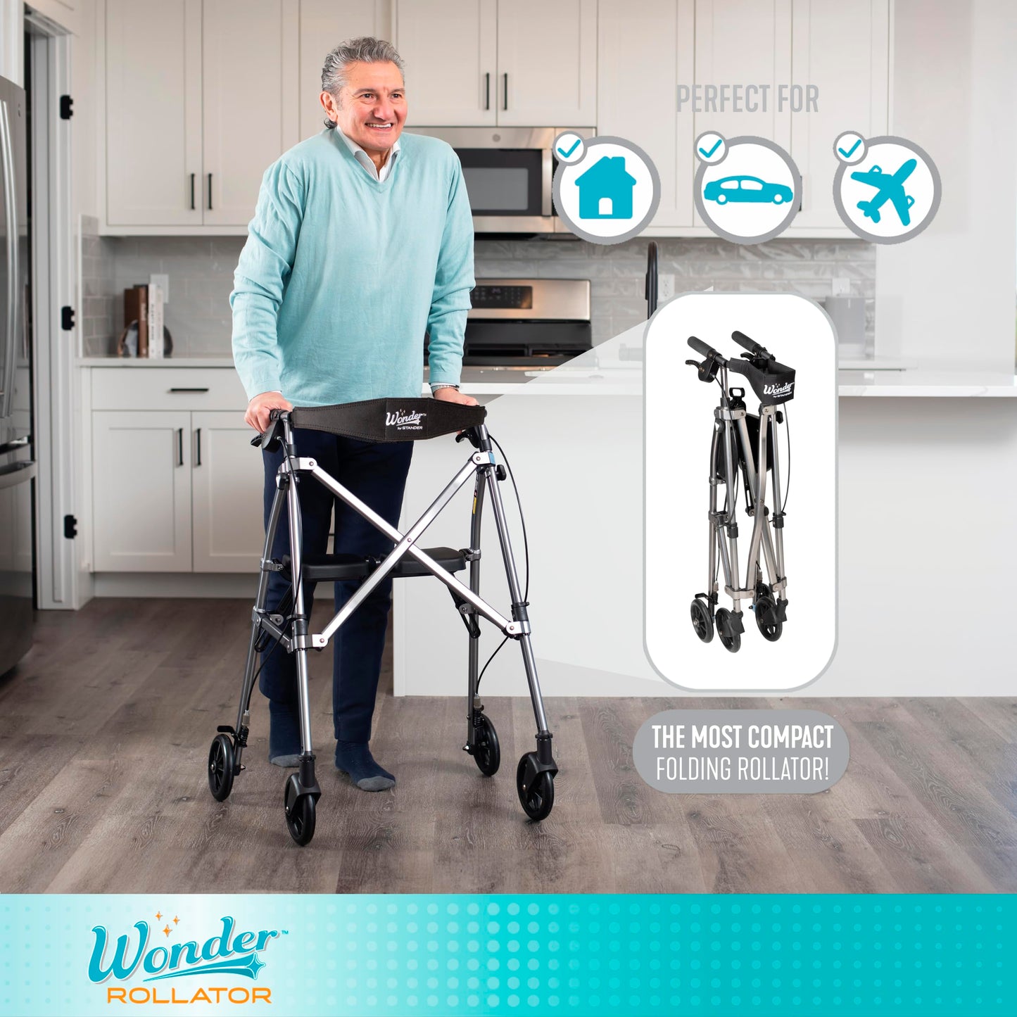 Stander Wonder Rollator, Lightweight Folding Space Saver Mobility Rolling Walker for Seniors and Adults, 6-inch Wheels, Locking Brakes, and Padded Seat with Backrest, Black Walnut