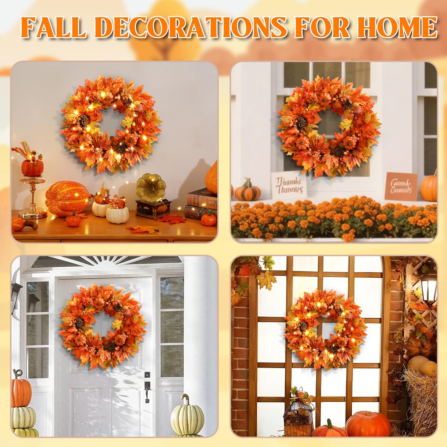 Fall Decor - Fall Wreaths for Front Door, 20 Inch Autumn Wreath with Pumpkins Maple Leaves for Harvest Home Outdoor Thanksgiving Decor