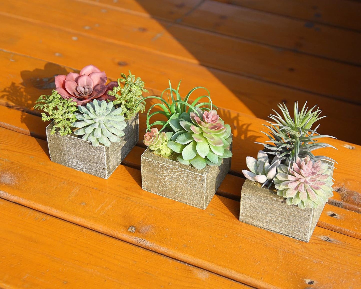 Mingfuxin Succulents Plants Artificial, Mini Assorted Green Fake Plants in Pots, Small Artificial Succulent Plant with Wood Potted for Bathroom Home Office Living Room Table Decor Indoor, Set of 3