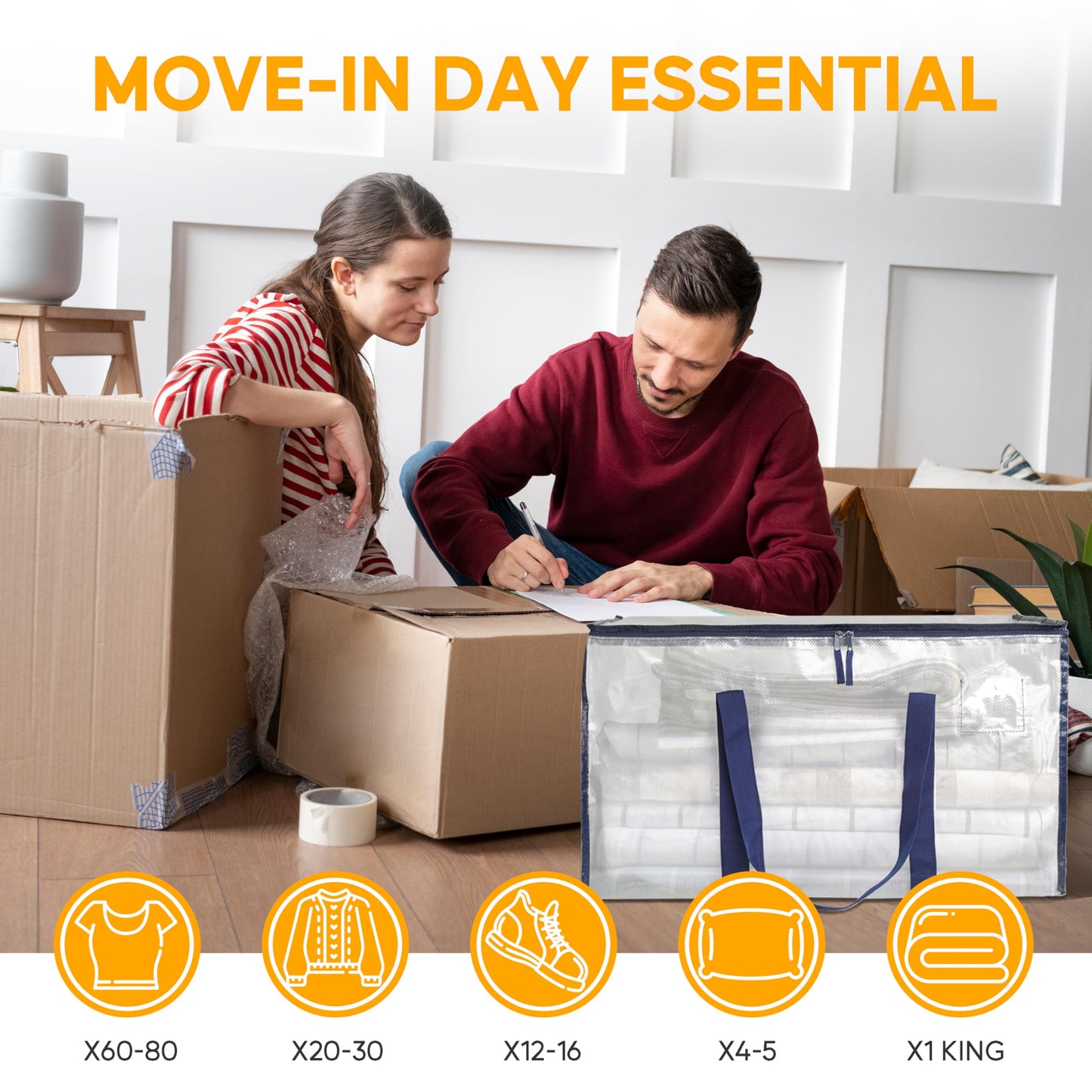 HealSmart 6 Pack Large Moving Bags with Zippers & Handles, Moving Supplies with lids, Heavy Duty Totes for Space Saving, Fold Flat, Moving and Storing, Clear