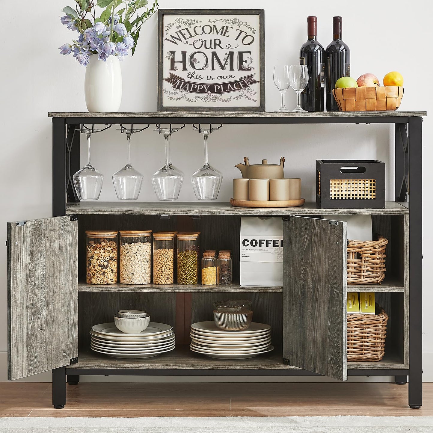 BedsPick 45.3" Buffet Cabinet with Storage, Farmhouse Sideboard Cabinet with Wine Glass Rack, Kitchen Accent Coffee Bar with Adjustable Shelf for Dining Living Room (Grey)