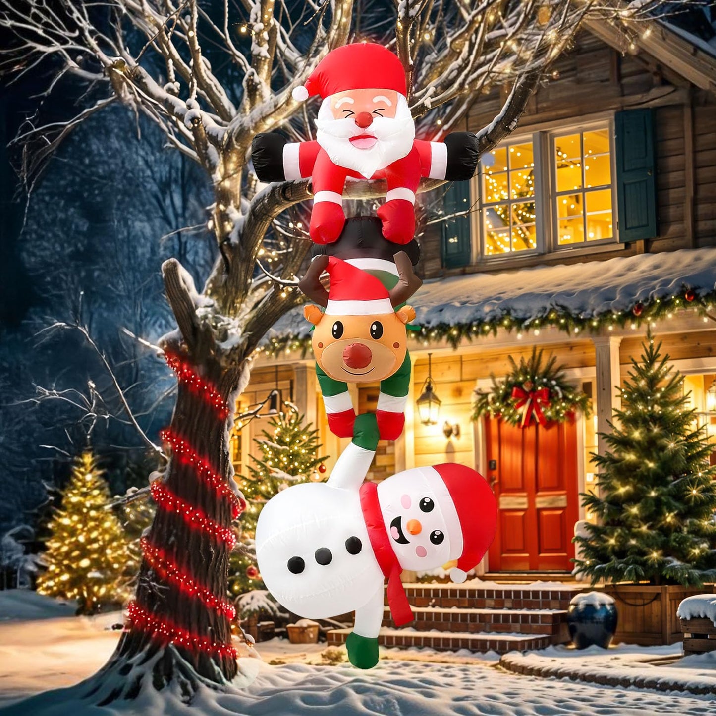 OurWarm 8FT Hanging Christmas Inflatables Decorations, Climbing Santa Claus with Reindeer & Snowman, Xmas Decor for Beam Roof Tree Indoor Home Party