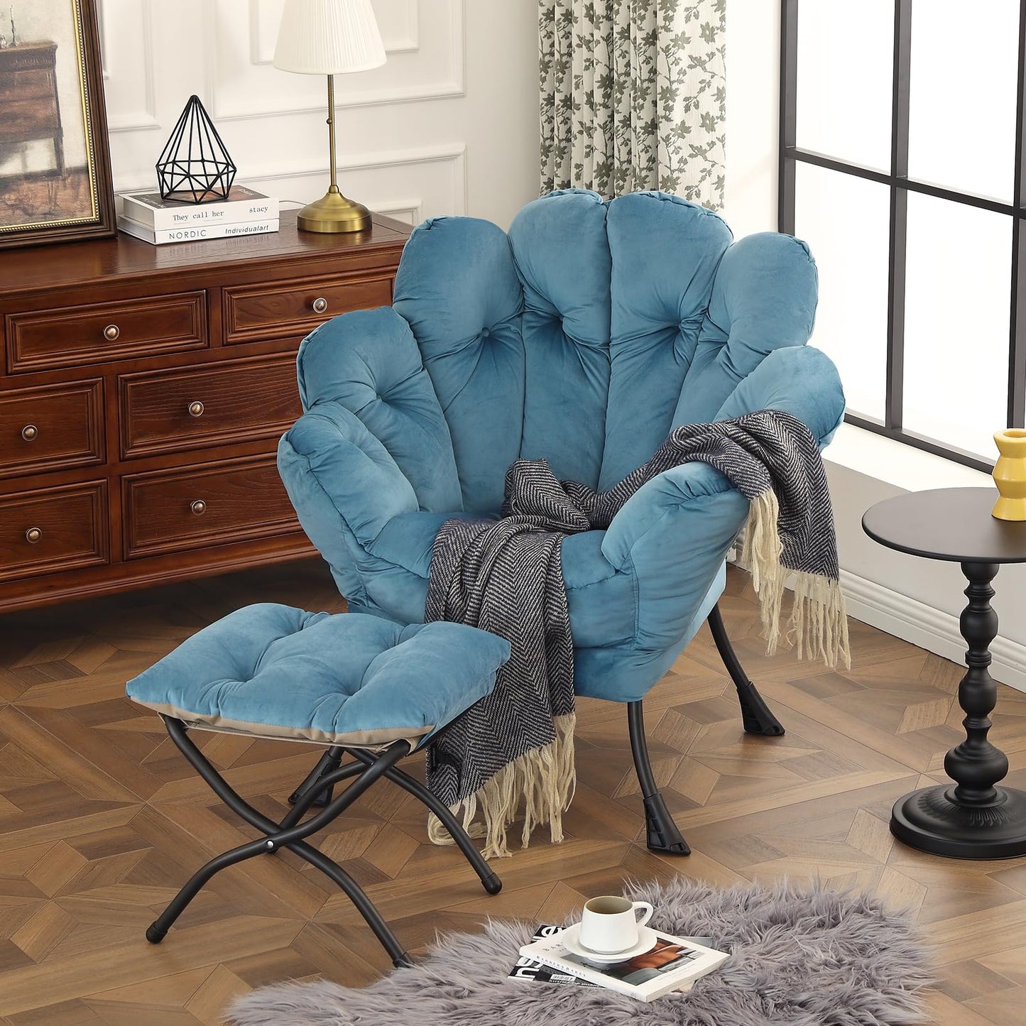 Furlide Lazy Chair with Ottoman, Modern Floral Reading Chair with Folding Footrest, Lounge Accent Chairs, Comfortable Oversized Armchairs for Bedroom, Living Room, Courtyard, Velvet Light Blue