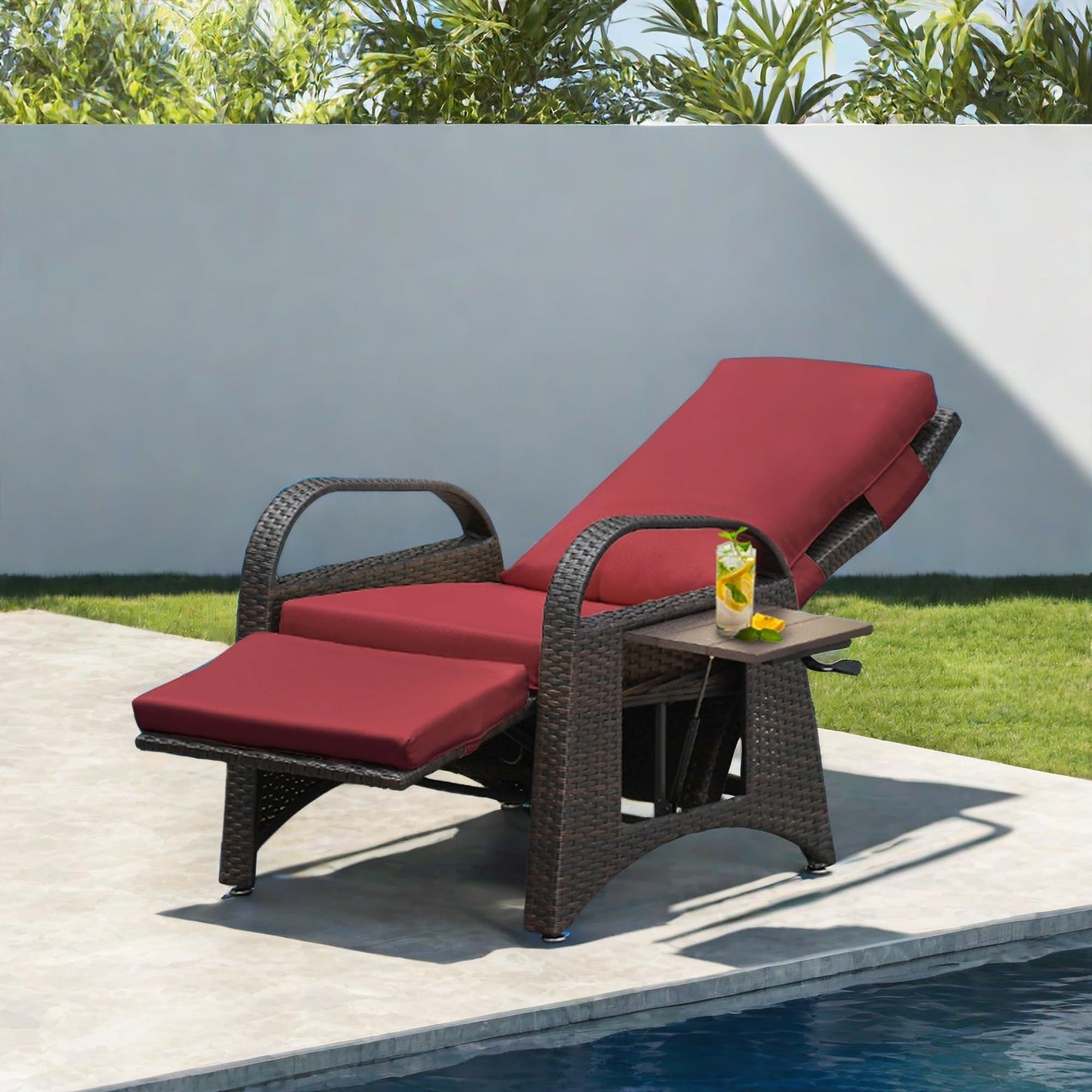ATR ART TO REAL Outdoor Recliner Chairs, PE Wicker Reclining Lounge Chair with Removable Soft Cushion, Adjustable Outside Recliners for Patio, Porch, Poolside, Balcony, Lawn (Red, 1 PC)