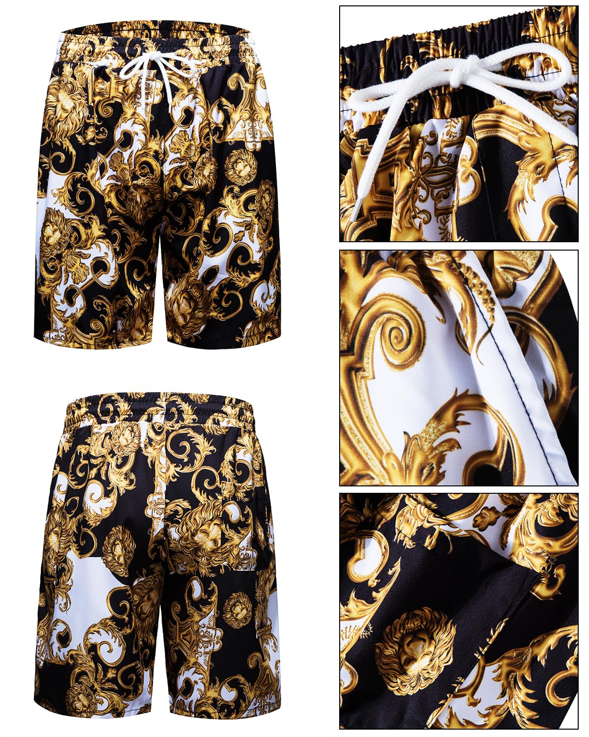 fohemr Mens Luxury Outfit Set Black Gold Shirts And Shorts 2 Piece Tracksuit Set Baroque Button Down Chain Print Suit with Bucket Hats 4X-Large