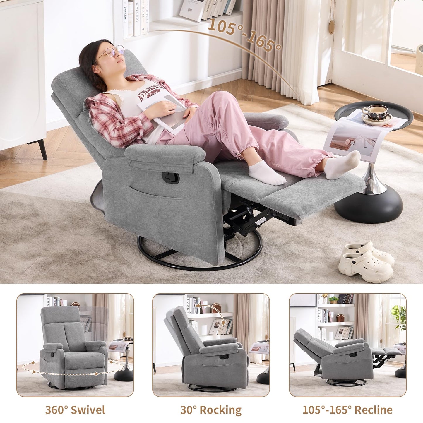 Zuacs Recliner Chair,Swivel Rocking Chair Nursery,Small Rocker Recliner for Small Spaces, Glider Recliner Nursery Chair for Adults with Side Pockets for Living Room, RV, Upholstered Fabric Grey