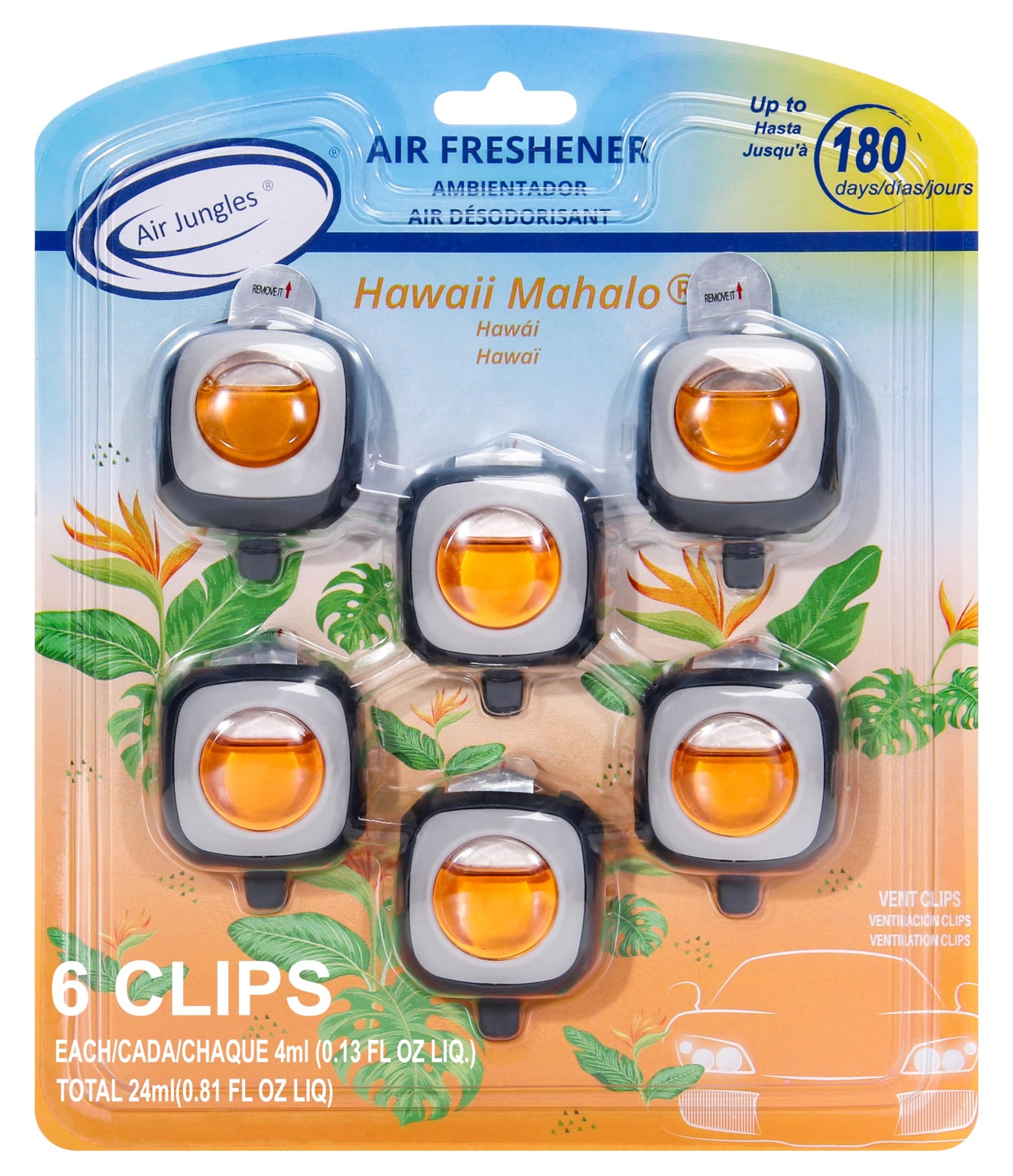 Air Jungles Honey Peach Scent Car Air Freshener Clip, 6 Vent Clips, 4ml Each, Long Lasting Air Freshener, Up to 180 Days Car Refresher Odor Eliminator