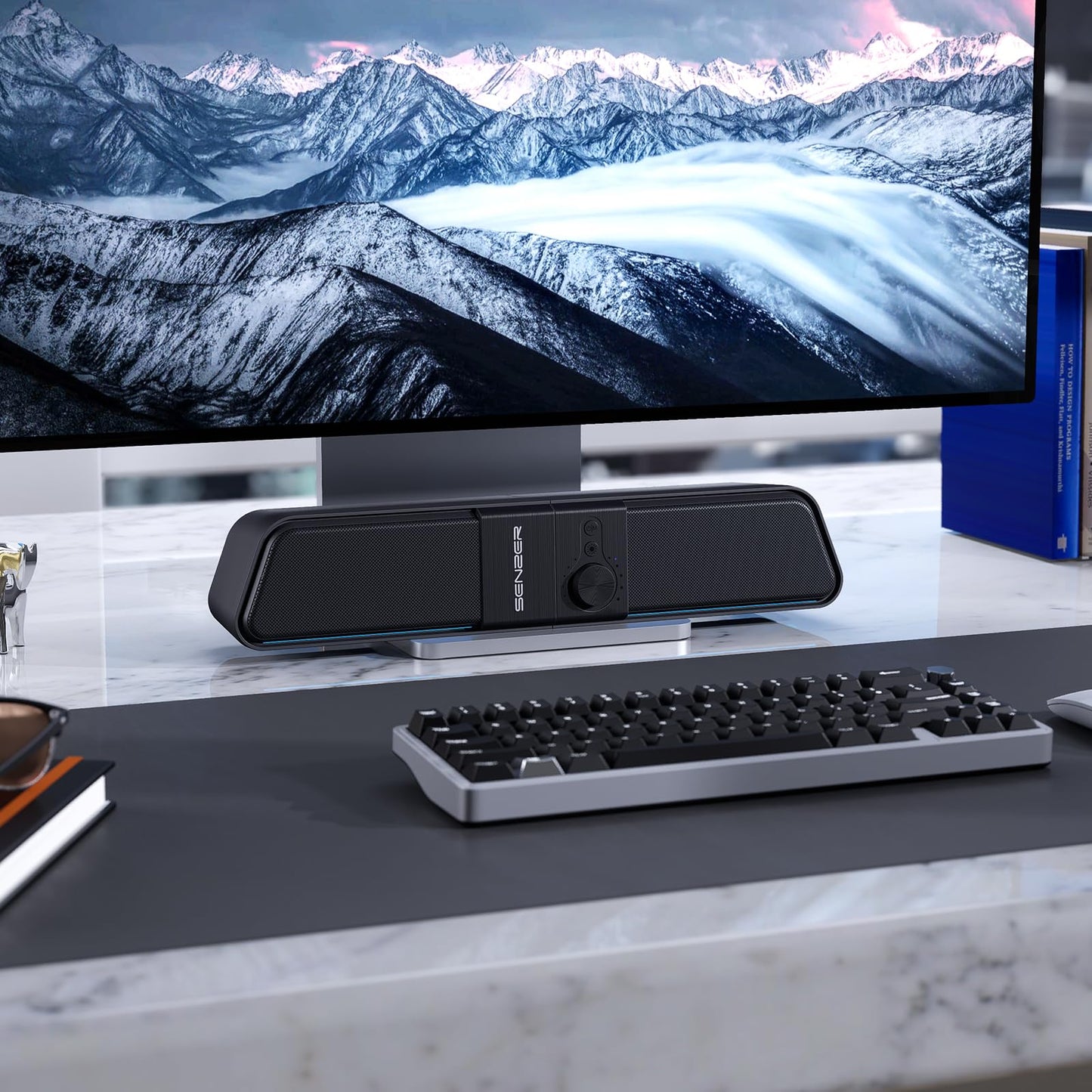 SENZER CS20 2 in 1 Bluetooth Computer Speakers for Desktop, USB Plug & Play Clear Sound PC Speakers with RGB Light, Monitor Sound Bar with Volume Knob, Gaming Speaker for PC Laptop Phone Tablet