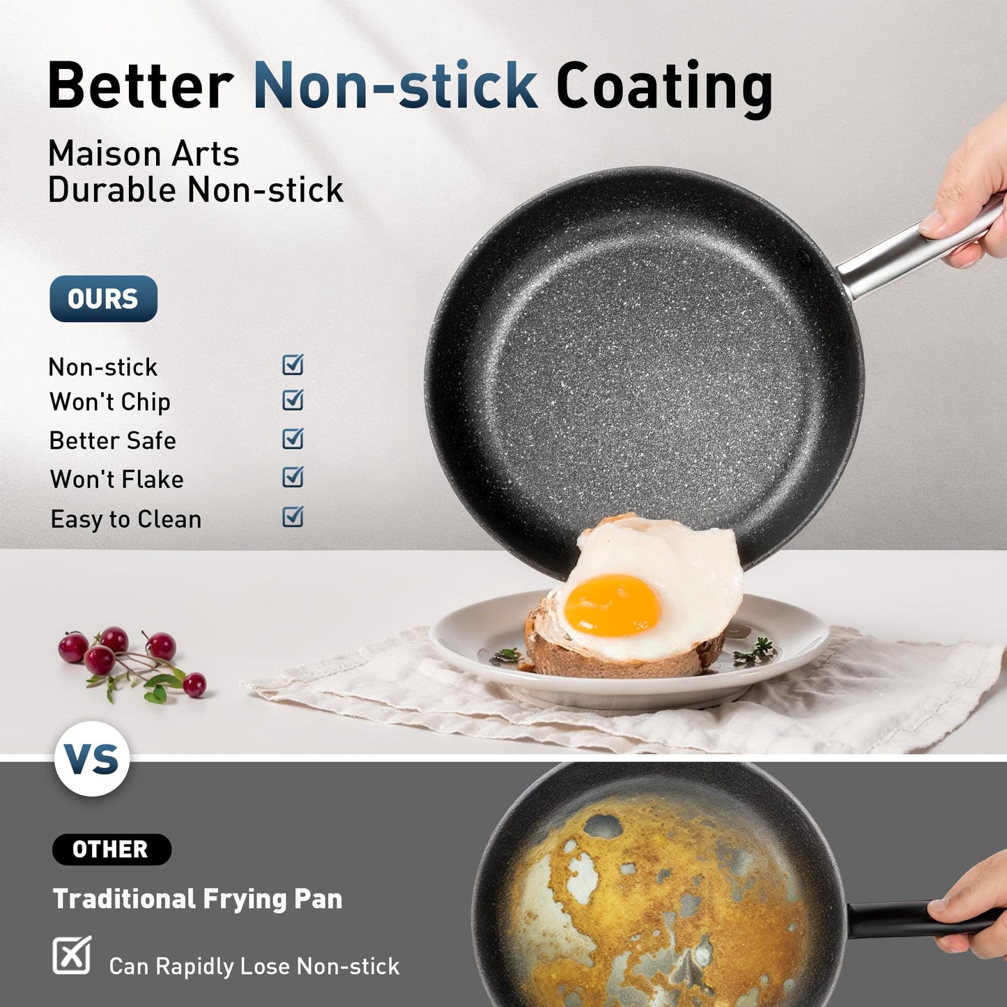 MAISON ARTS Nonstick Frying Pans Set 3 Piece, 12" Deep Saute Pan with Lid and 10" Fry Skillet, Induction Cookware Sets with Plasma Titanium Coating