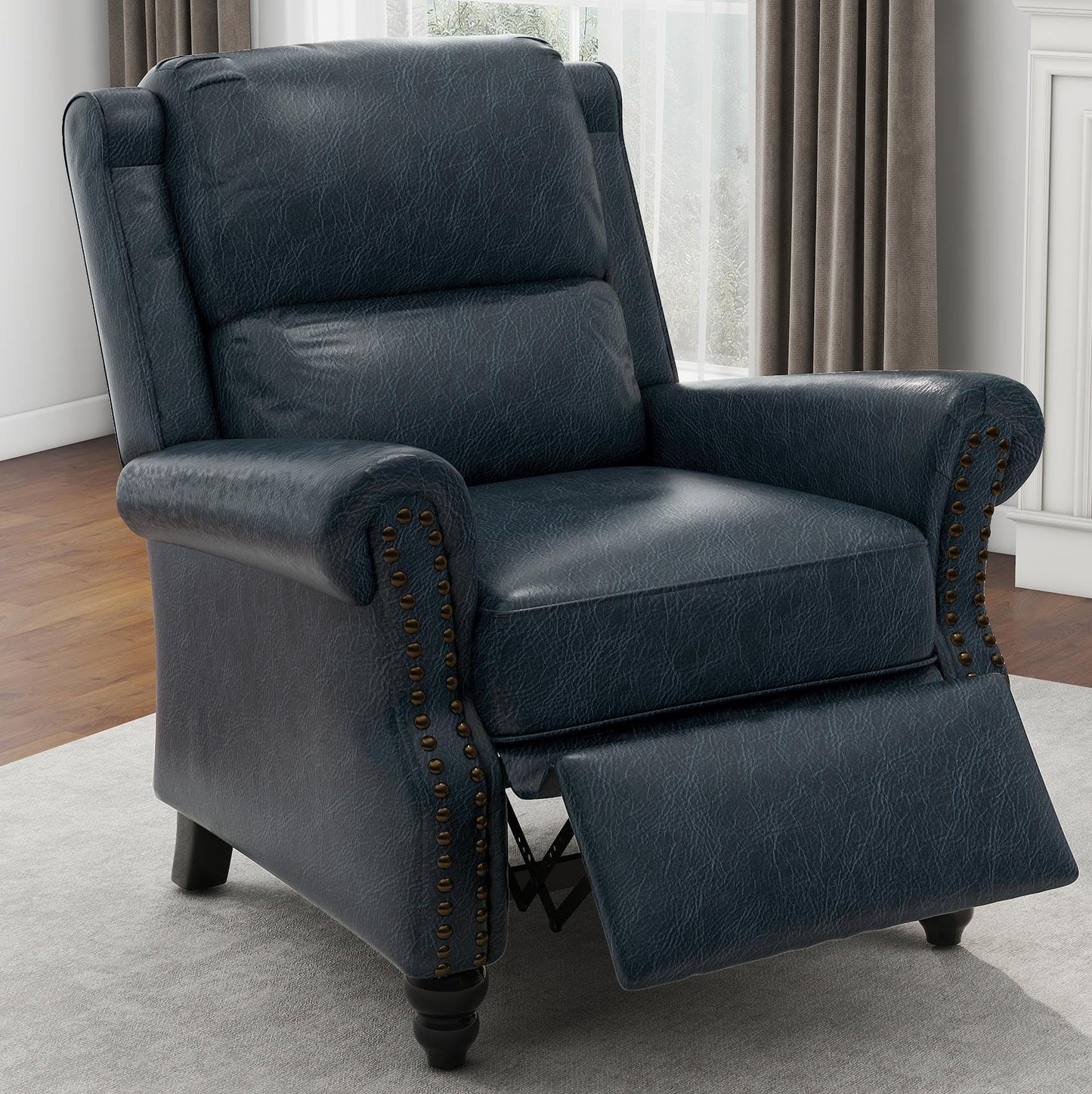 Pushback Recliner Chair,Upholstered Wingback Chair for Small Spaces,2 Set of PU Leather Armchair for Living Room,Single Sofa Accent Chair Reading Seat for Balcony,Bedroom-Navy Blue