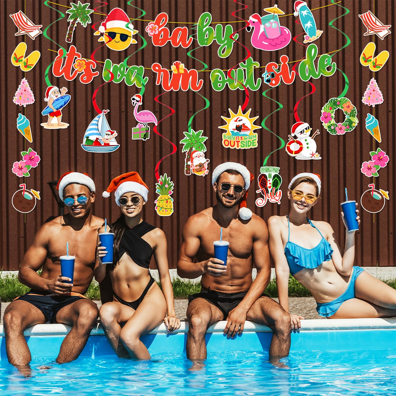 Baby It's Warm Outside Banner Decorations 48Pcs Hawaii Mele Kalikimaka Christmas Decorations Including Banner Hanging Swirls for Summer Beach Party Supplies