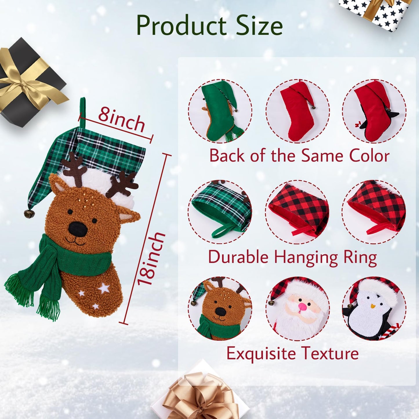 Munidow 3 Pack 18" Large Christmas Stocking, 3D Plush Christmas Stocking Santa Penguin Fur Xmas Stocking Holiday Christmas Decoration Gifts for Family Holiday Christmas Party Decorations D1