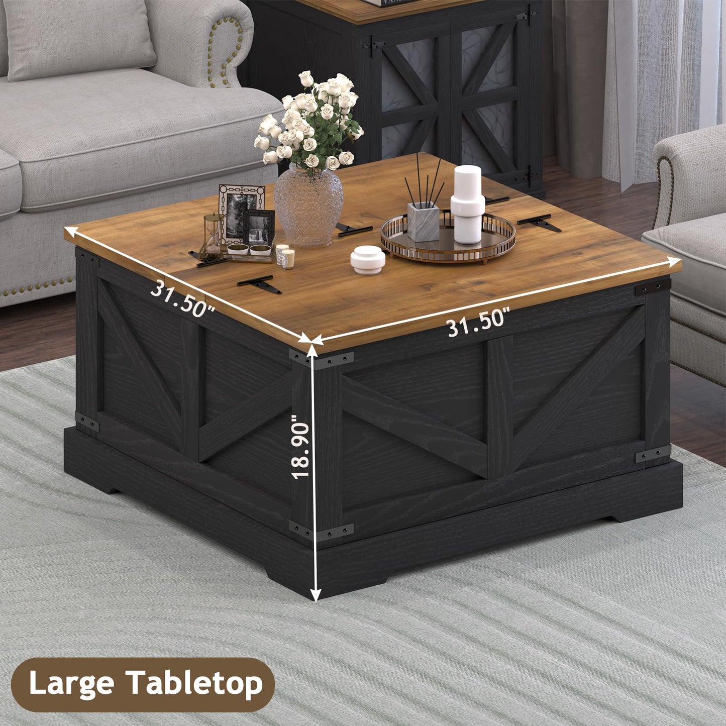 REVOMINCA Farmhouse Coffee Table with Hidden Storage Compartment, Black Square Coffee Table for Living Room, Wood Center Table with Hinged Lifting Tabletop for Home