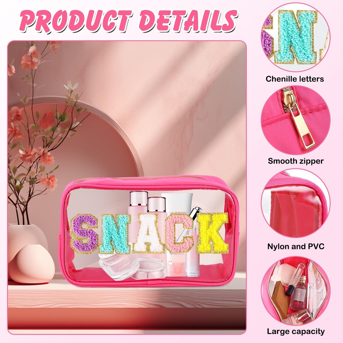 URSKYTOUS Chenille Letter Clear Makeup Bag Large Travel Preppy Patch Snack Cosmetic Bag with Zipper Cute Makeup Pouch Transparent PVC Waterproof Toiletry Organizer Storage for Women Girls (Hot Pink)