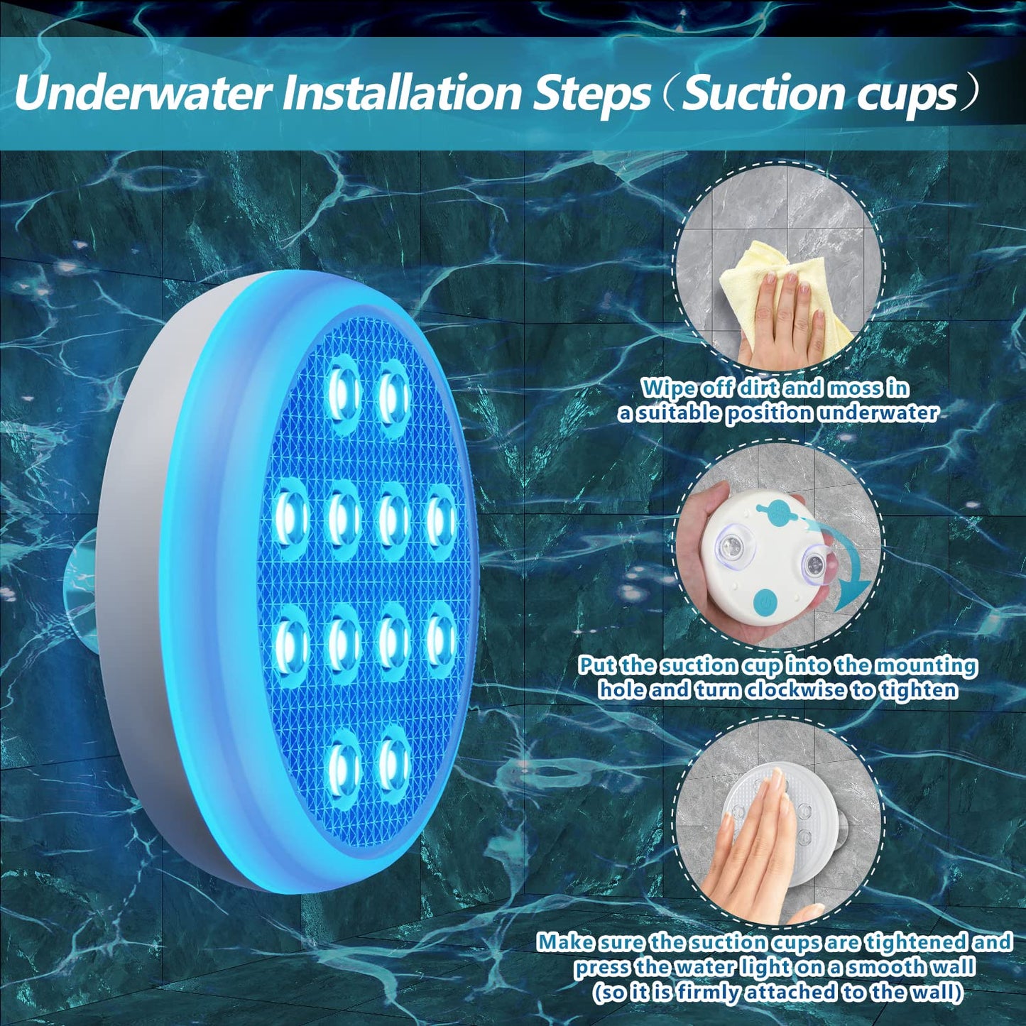 QOLNBY Rechargeable Pool Lights Submersible LED Lights with Remote, IP68 Waterproof Underwater Lights,16 Color Changing Floating Light with Magnet, Suction Cups for Pool,Pond,Party (2-Pack)