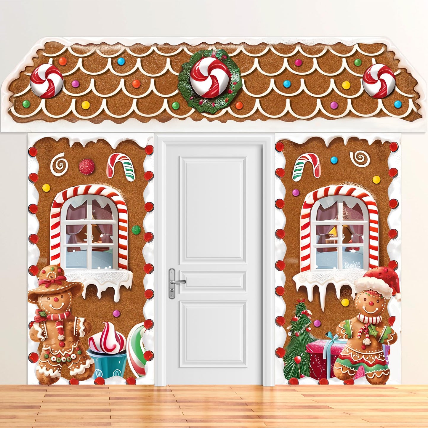 HunnmingRe 3 Pcs Christmas Gingerbread House Decorations Gingerbread Door Covers Backdrop Christmas Door Banners for Xmas Holiday Party Photography Photo Background Decor(Candy Style)