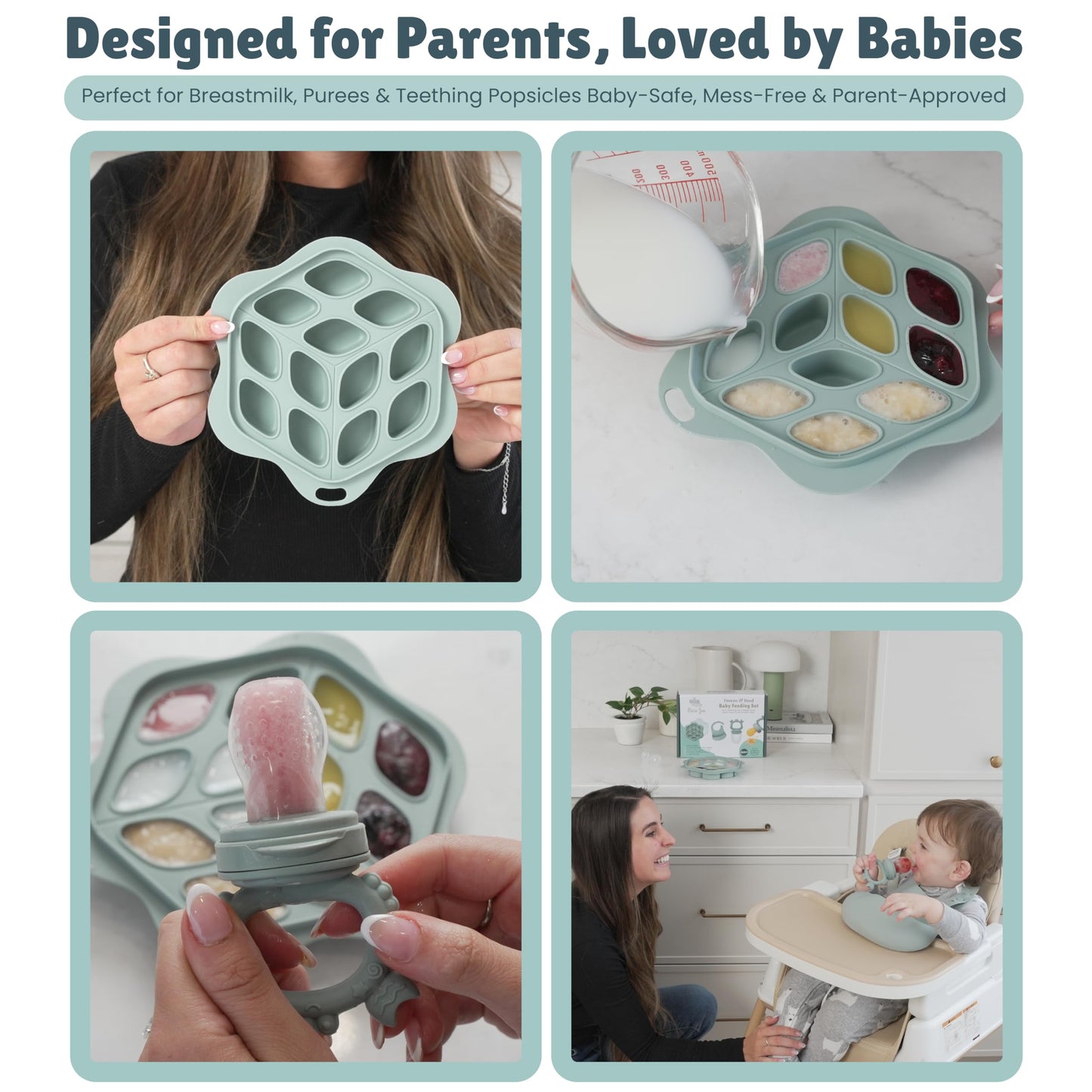 Baby Fruit Food Feeder, Bib, and Breastmilk Popsicle Molds for Teething Relief - 3 Pack Set with Multi-Portion Freezer Tray & Lid, Adjustable Spill-Resistant Bib, and 3 Pacifier Sizes (Beige)