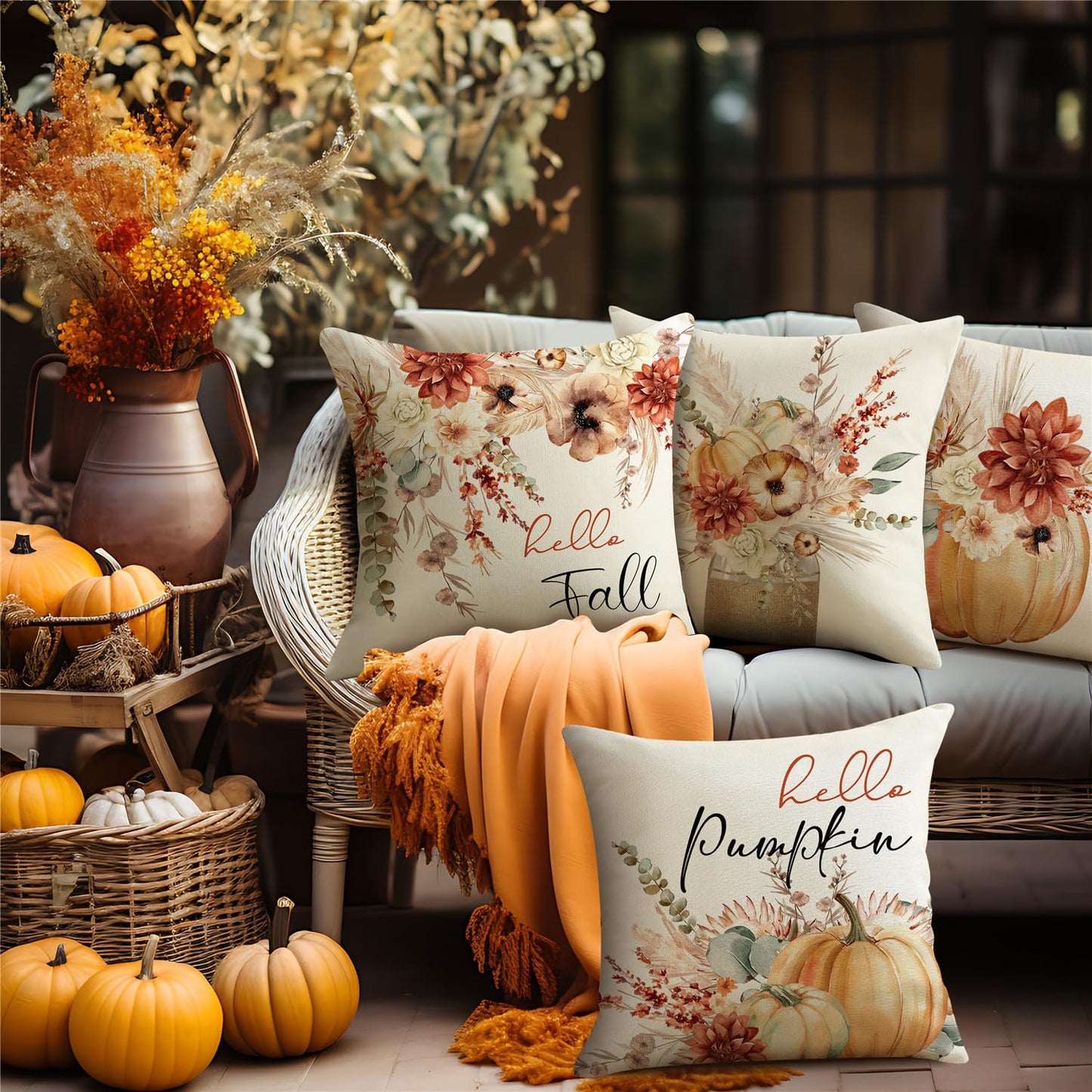 MODOVOS Fall Pumpkin Throw Pillow Covers Thanksgiving Farmhouse Decorations Wheat Floral Outdoor Fall Decor Pillow Covers 18x18 Set of 4 Harvest Autumn Cushion Case for Sofa Couch