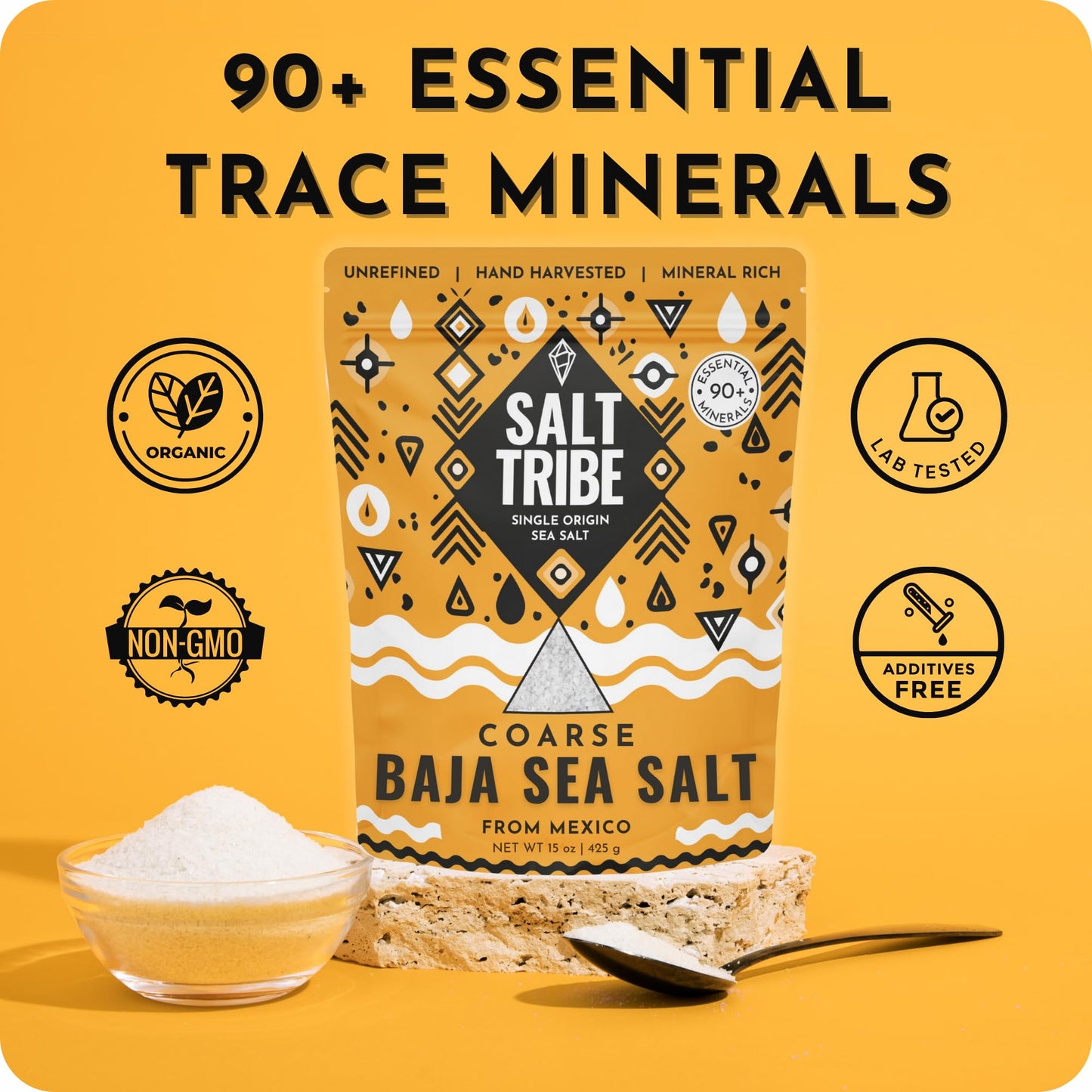 Salt Tribe | Baja Sea Salt | Coarse Natural Grain Salt for Grinder | 90+ Trace Minerals for Hydration Support | Sal Organica | Low Sodium Organic & Unrefined | Single Origin Mexico | 15oz | 425+ Servings