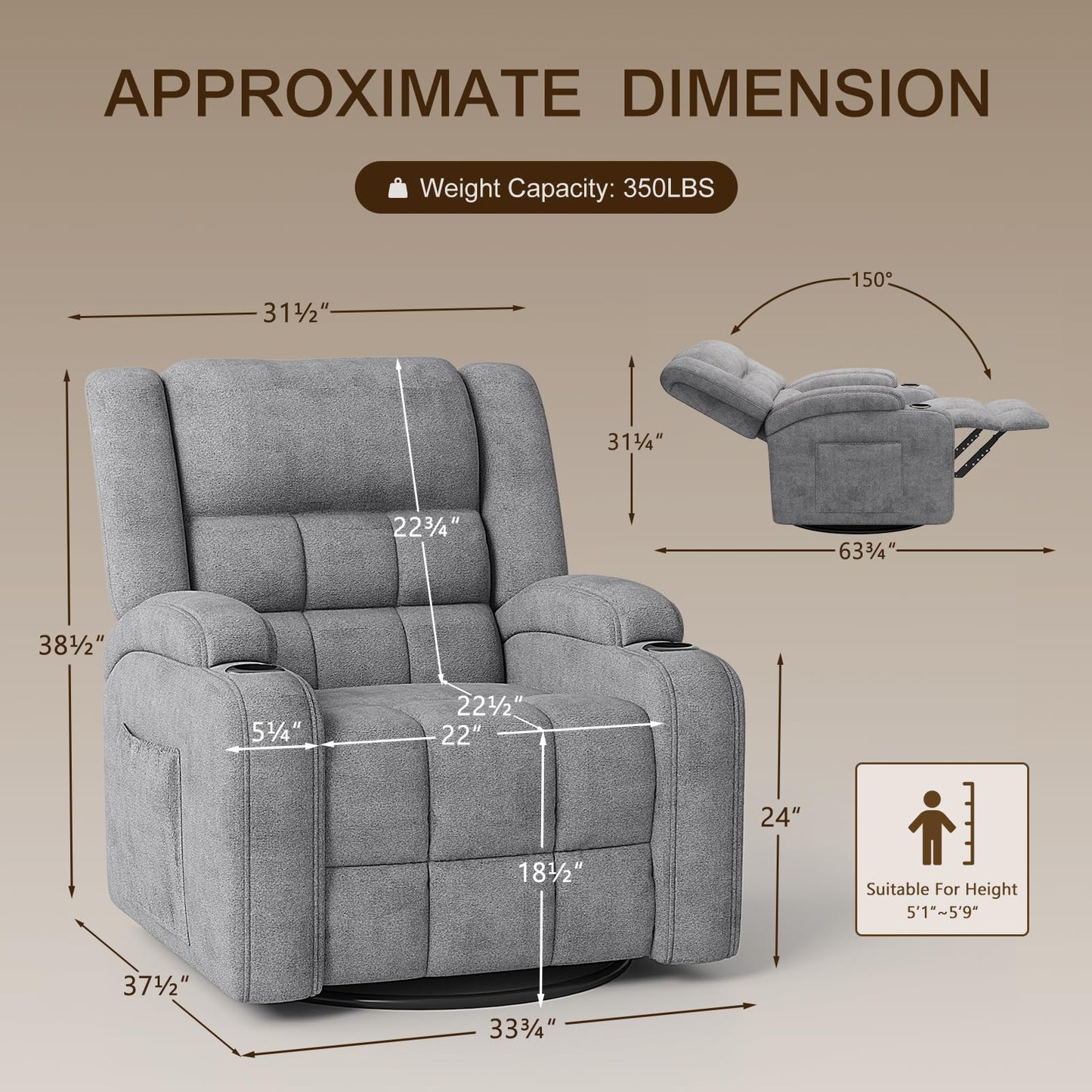 Furnimart 360° Swivel Rocker Recliner with Heat and Massage, Manual Comfy Recliner Chair for Adult, Chenille Glider Rocker Chaise Lounge for Living Room, Bedroom, Home Theater (Gray)