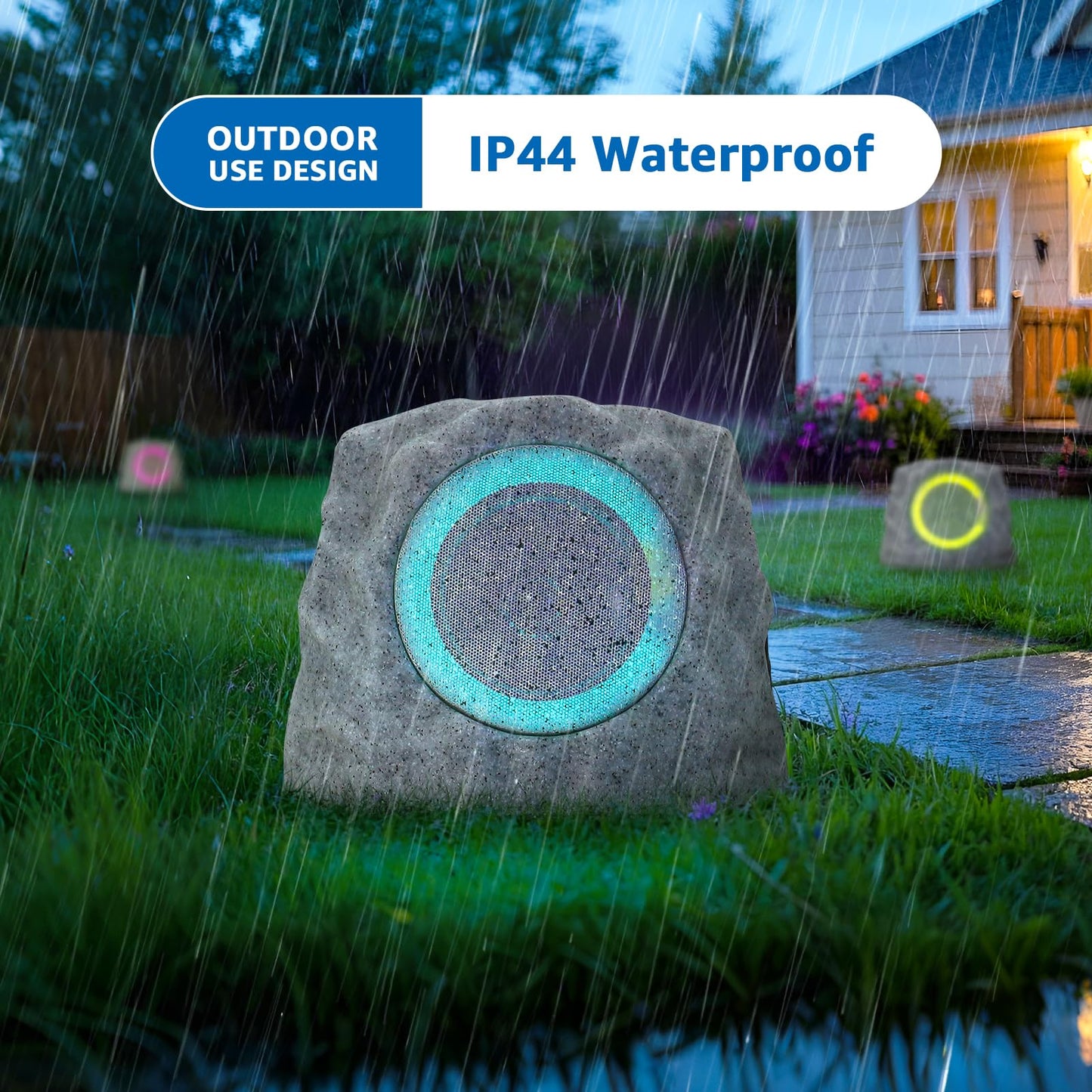 GGII 2-Pack Solar Powered Rock Speakers Outdoor Water-Resistant with 3 Mode Lights and Pair Function USB Rechargeable for Patio Garden Party Pool Outside(Two A)