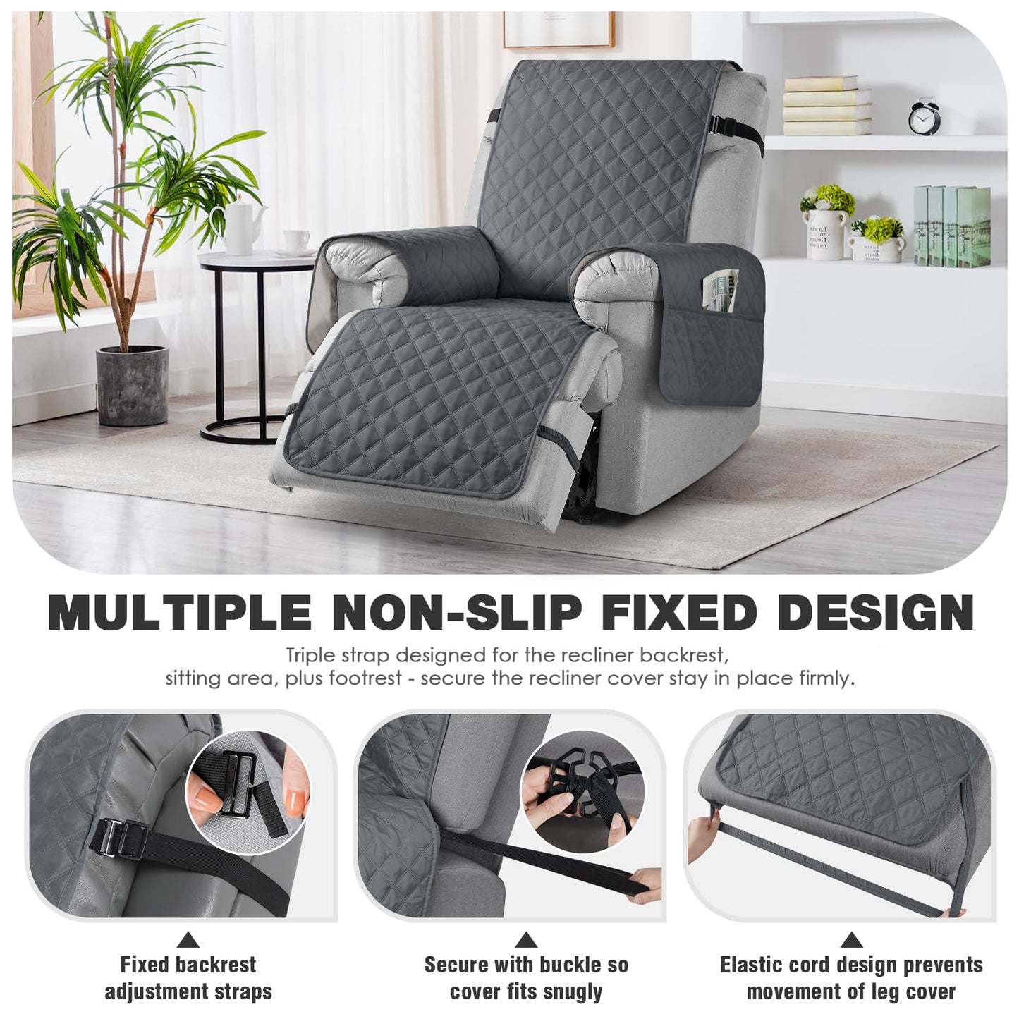 TAOCOCO Non-Slip Recliner Chair Cover Sofa Slipcover, Pet Cover for Small Recliner Chair with Elastic Straps, Washable Reclining Chair Cover Recliner Furniture Protector (23'' Small, Dark Grey)