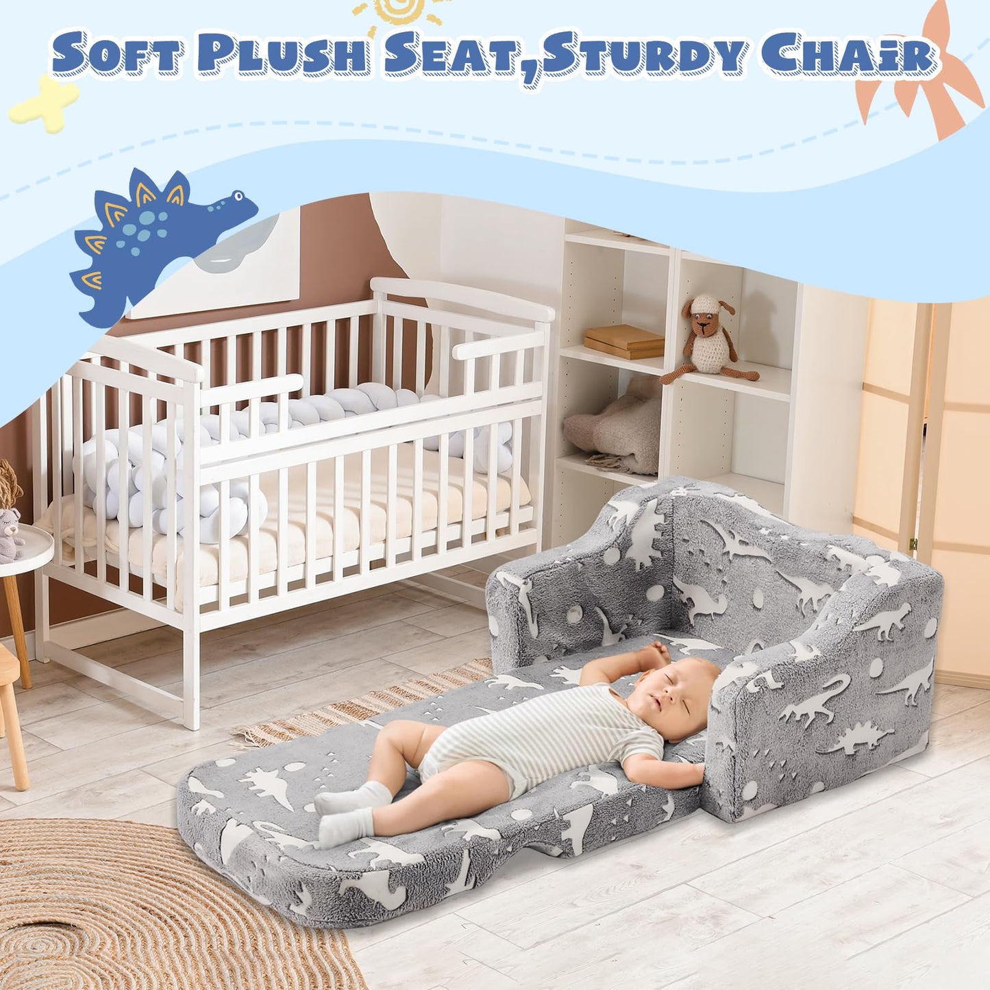 BUPPLEE Kids Sofa, 2-in-1 Soft Toddler Couch Fold Out, Toddler Chair Comfy with Cute Designs, Convertible Sofa to Lounger for Girls and Boys, Gray