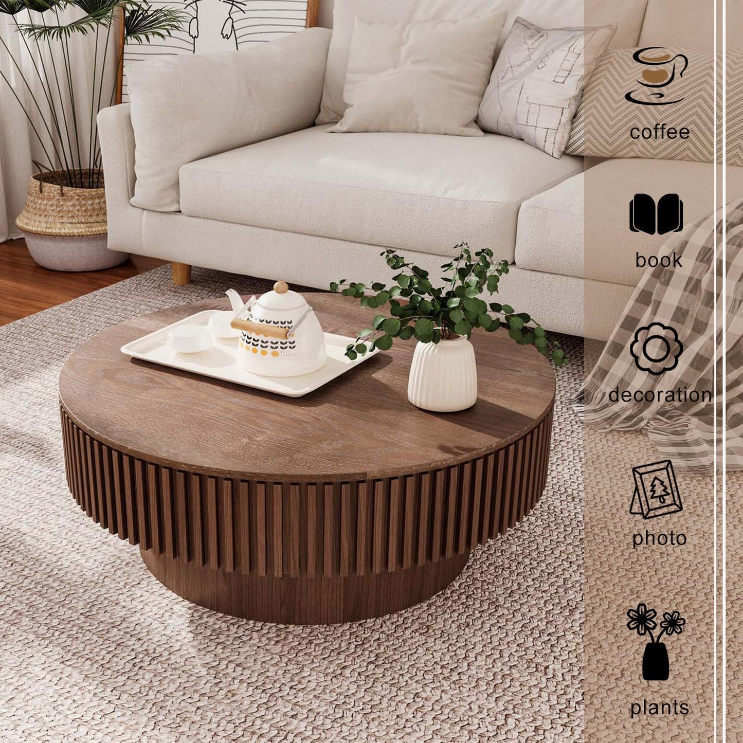 Round Coffee Table with Storage, Modern Wooden Coffee Table with Solid Wood Veneered, Circle Center Table Accent Tea Table for Living Room Apartment Small Space (31.5''L × 31.5''W × 14''H, Walnut)
